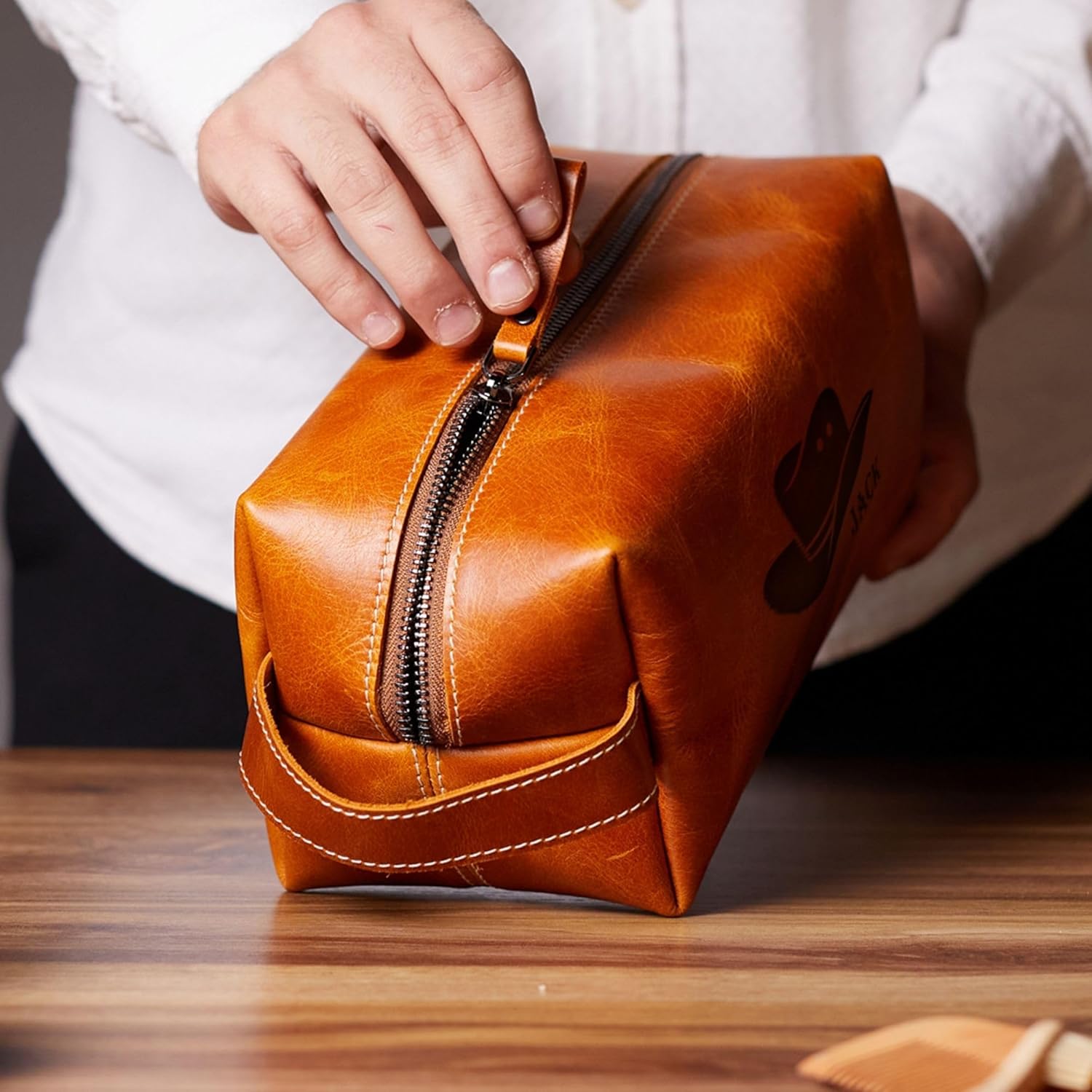 HARDISTON Personalized Genuine Leather Toiletry Bag for Men – Handcrafted Custom Dopp Kit with Engraved Monogram, Travel Shaving Bag Gift for Dad, Husband, Boyfriend, Groomsmen