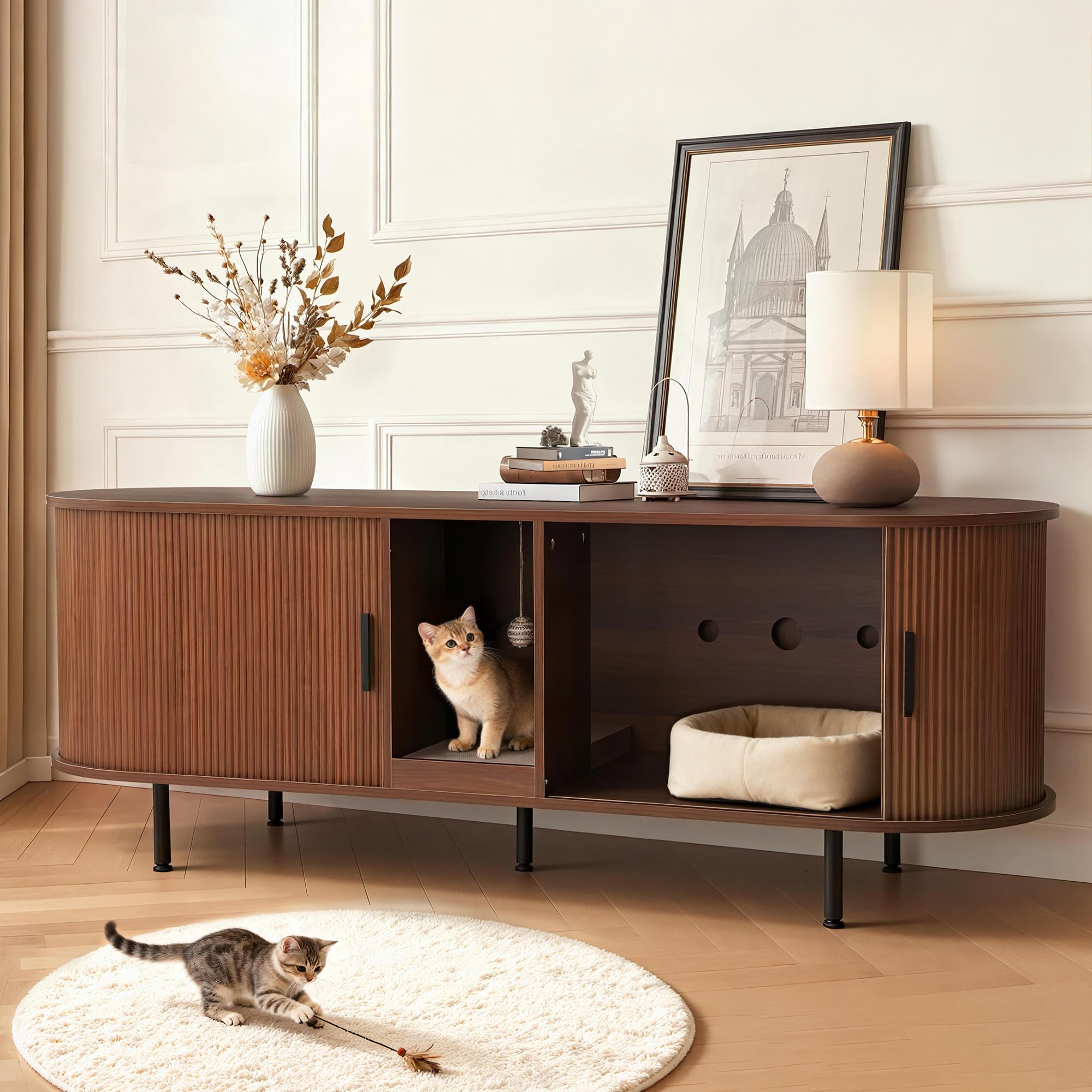 63-Inch Cat Litter Box Furniture Enclosure, Hidden Fluted Cabinet with Sliding Door, Scratch Pad, Multi-Functional Modern Cat House as TV Stand or End Table (Brown, 63" L x 19.7" W x 21.7" H)
