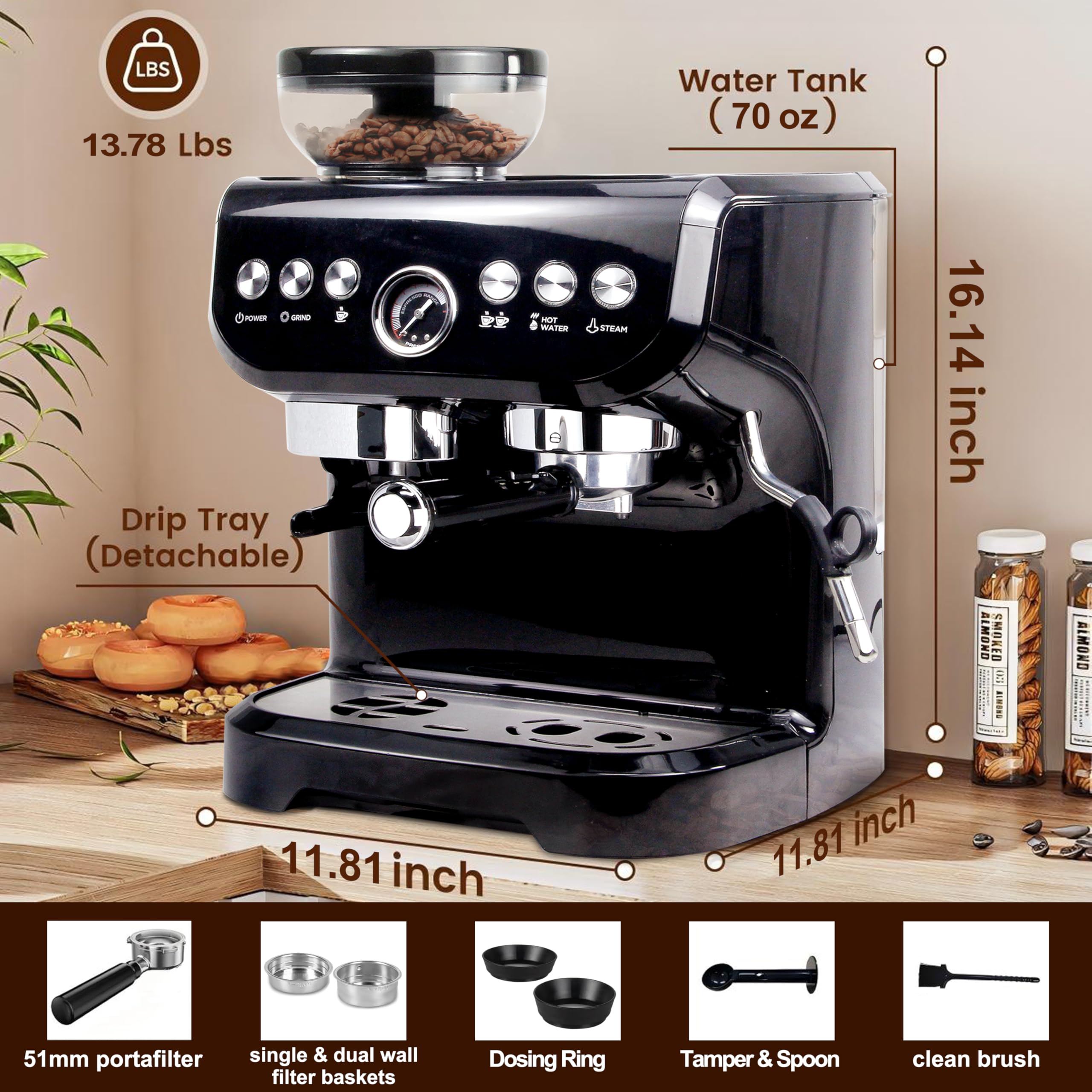 MIROX Ekspres do kawy espresso z młynkiem do domu, zbiornik na wodę 2000 ml i obudowa ABS Combo ekspres do kawy latte ekspres do cappuccino ze spieniaczem do mleka Latte Macchiato Cuppuccino Machines