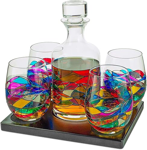 Juego de decantadores artesanales de whisky y vino pintados a mano, diseño de vitrales renacentistas de Barcelona, regalo único para el día de la