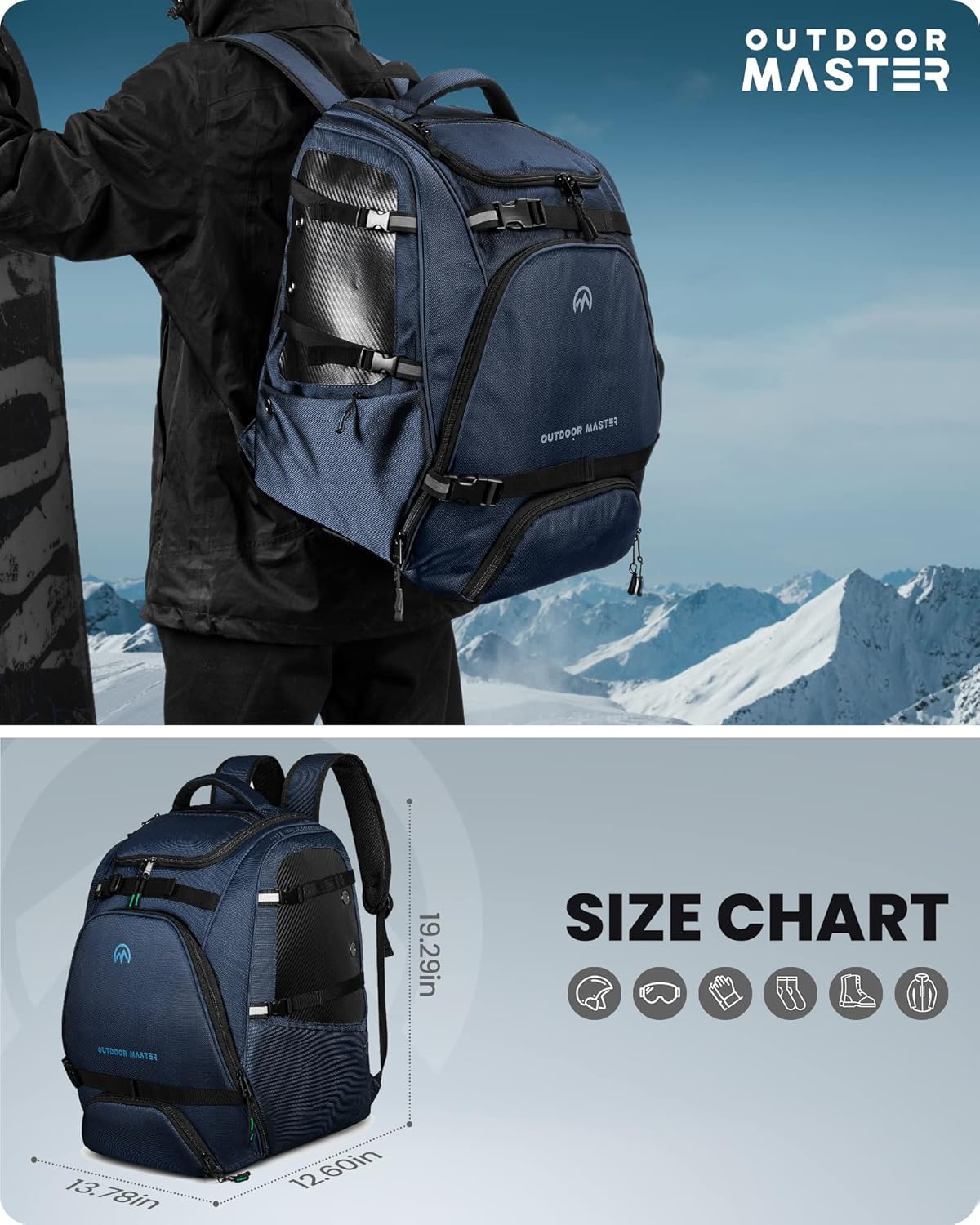 Ski Boot Backpack OutdoorMaster 50L Waterproof Snowboard Bag Ski