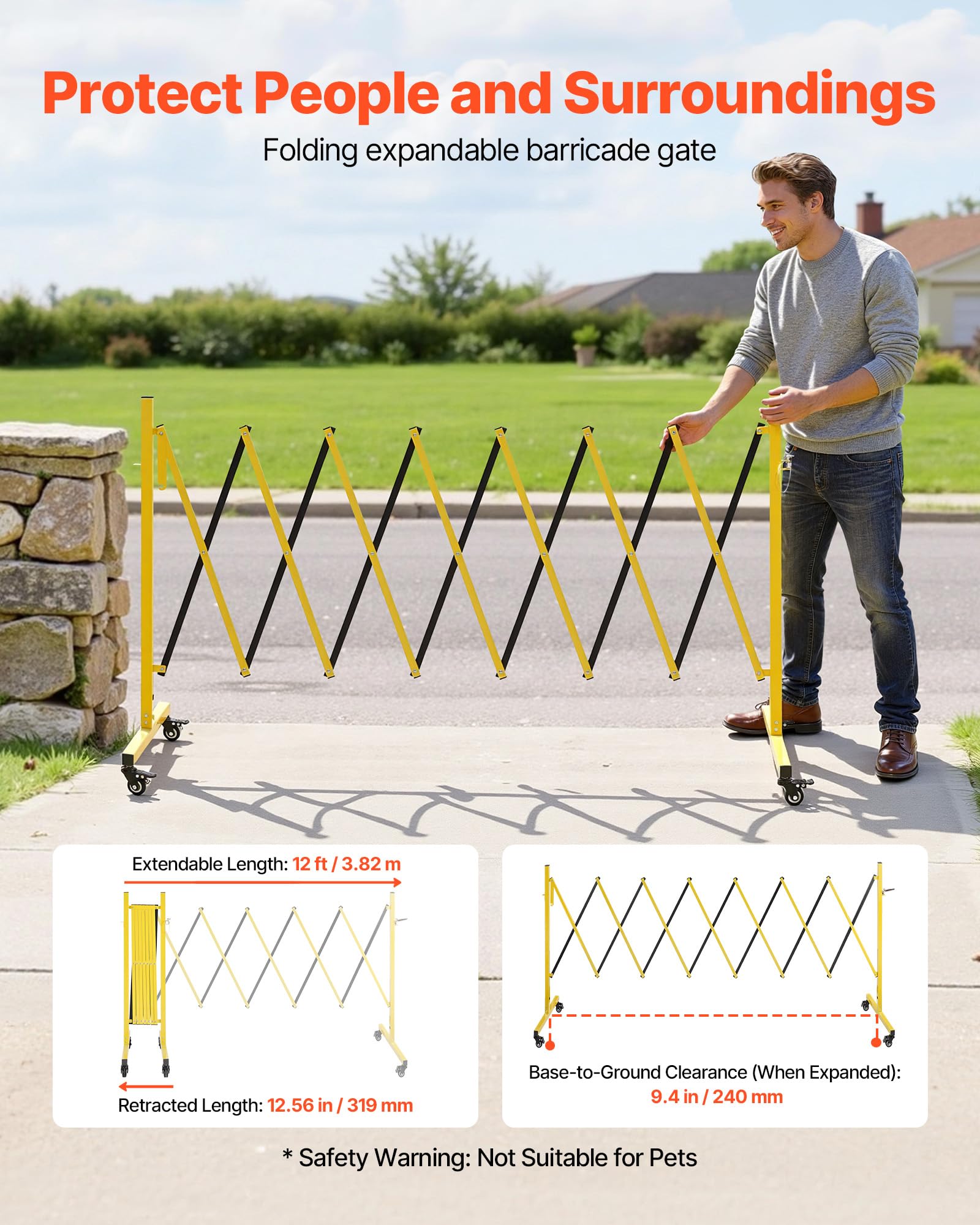 VEVOR Barricada Extensible de 3,82 m, Barrera de Seguridad Plegable con Ruedas y Frenos, Valla Metálica Portátil, Aluminio, para Uso Industrial Construcción Control de Espacios, Color Negro Amarillo