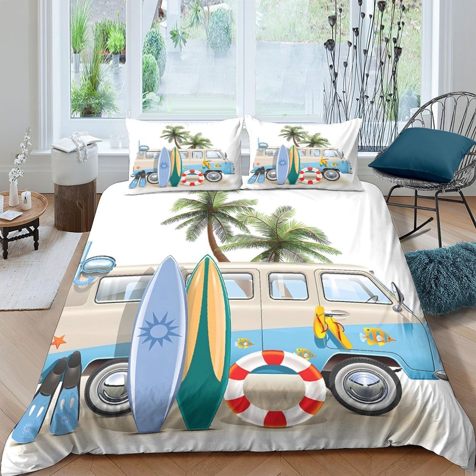 Ctjqhvkz Style-7 3D Printed Beach Van Fitted Sheet Microfiber Surfboard Palm Mattress Cover Non-Slip Washable Decor For Bedroom Single（135X200cm）