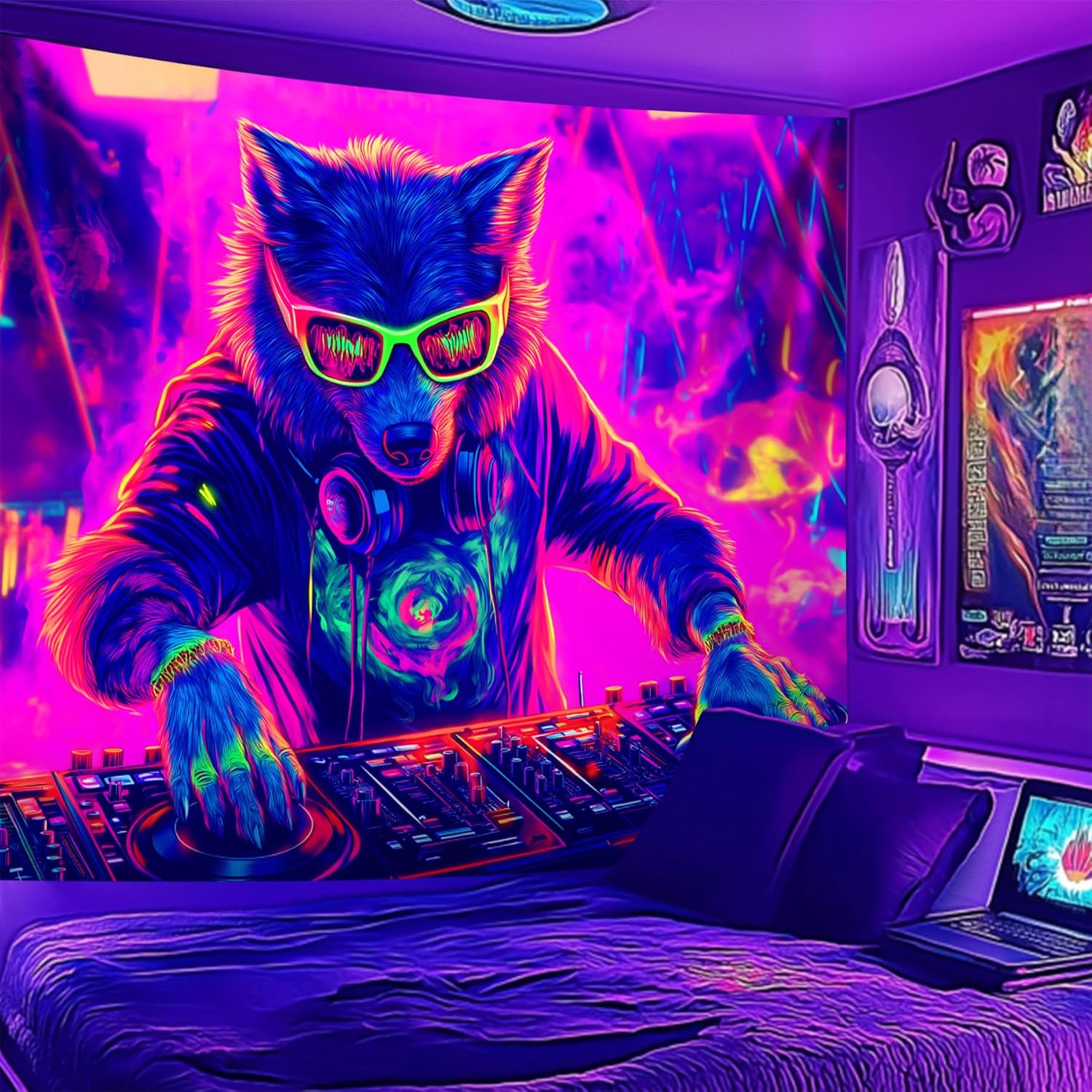 NYZE Wolf Tapestry for Bedroom, Music Wall Tapestry, Party Decor Glow in the Dark Room Decor Tapestries, Cool Galaxy Planet Wall Hanging, Wall Hanging for Room Dorm 79in×59in