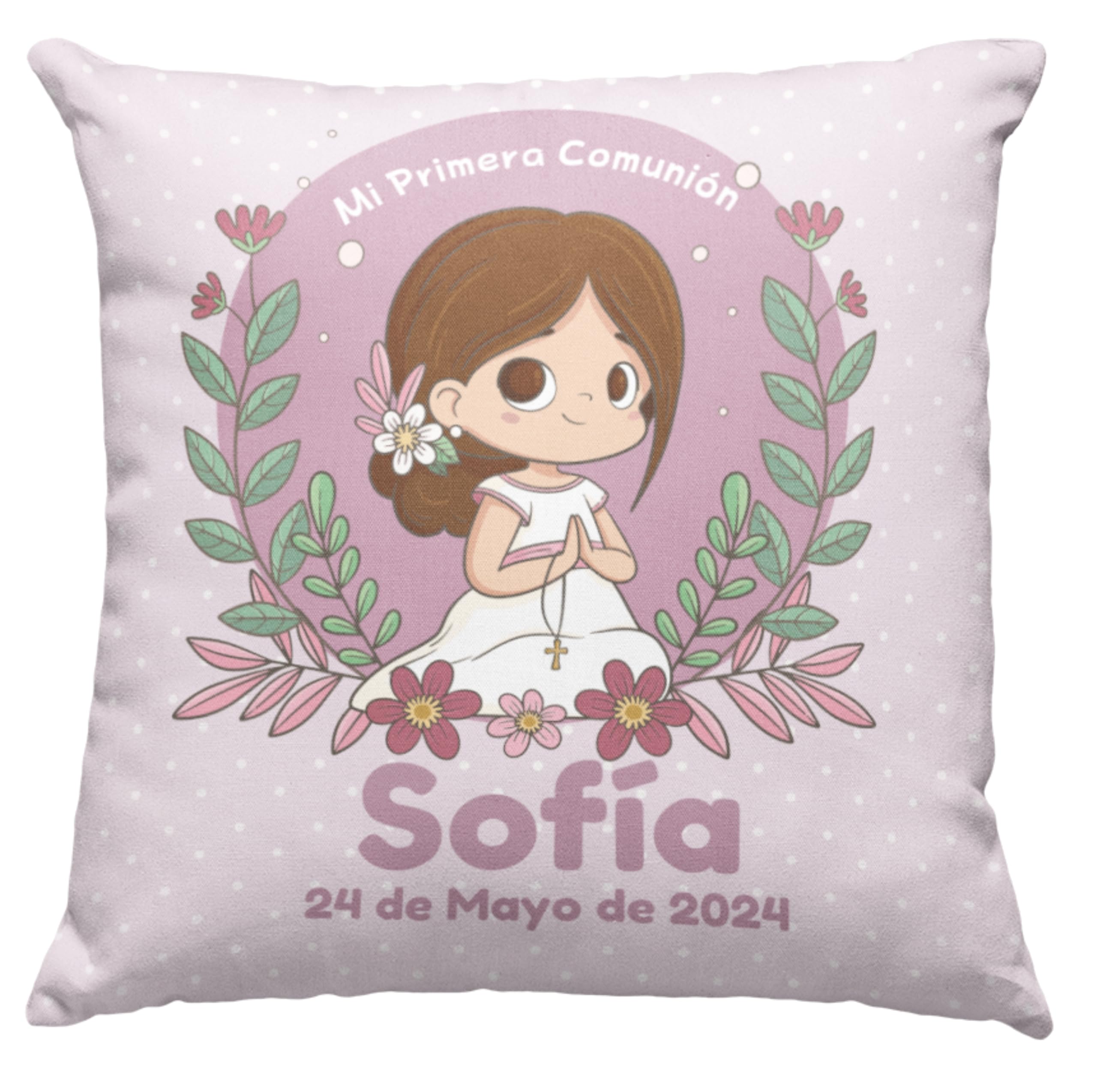 Cojín comunión niña/niño. Regalos comunión Personalizados con Nombre y Texto. Cojín Personalizado. Varios diseños. Opción de Pack. (Niña castaña)