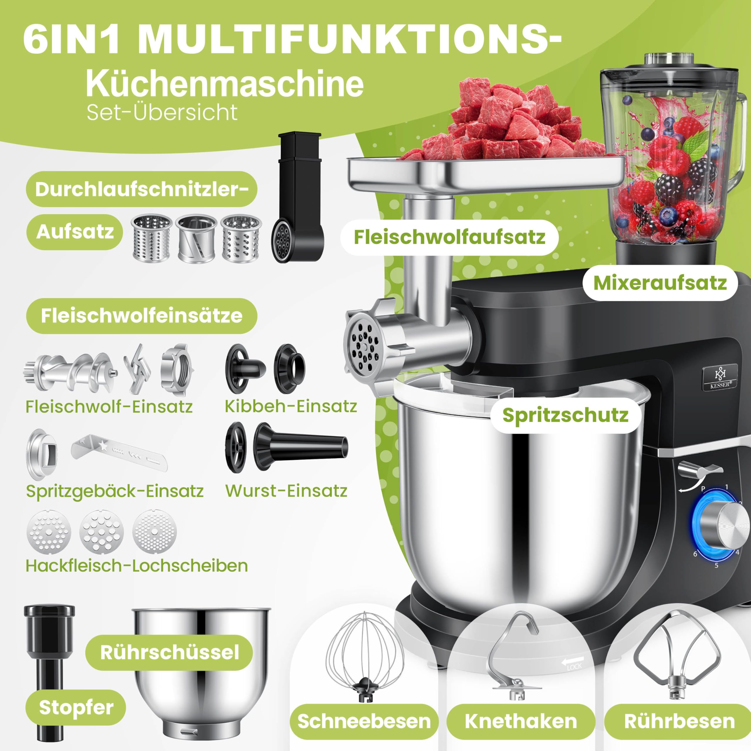 KESSER® Küchenmaschine 3in1 mit Fleischwolf & Mixer, 1500W Knetmaschine 5,5L Rührschüssel + Spritzschutz, 6 Geschwindigkeiten, Knethaken, Schneebesen, Rührhaken & Raspeln, Backen & Kochen, Schwarz