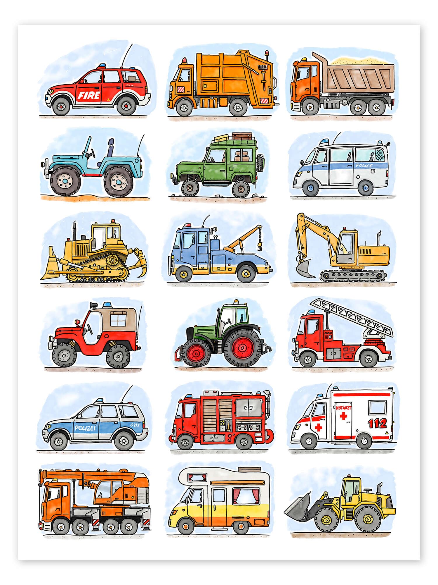 Wszystkie moje autka Plakat | 90 x 120 cm Hugos Illustrations Obrazy Dekoracja ścienna