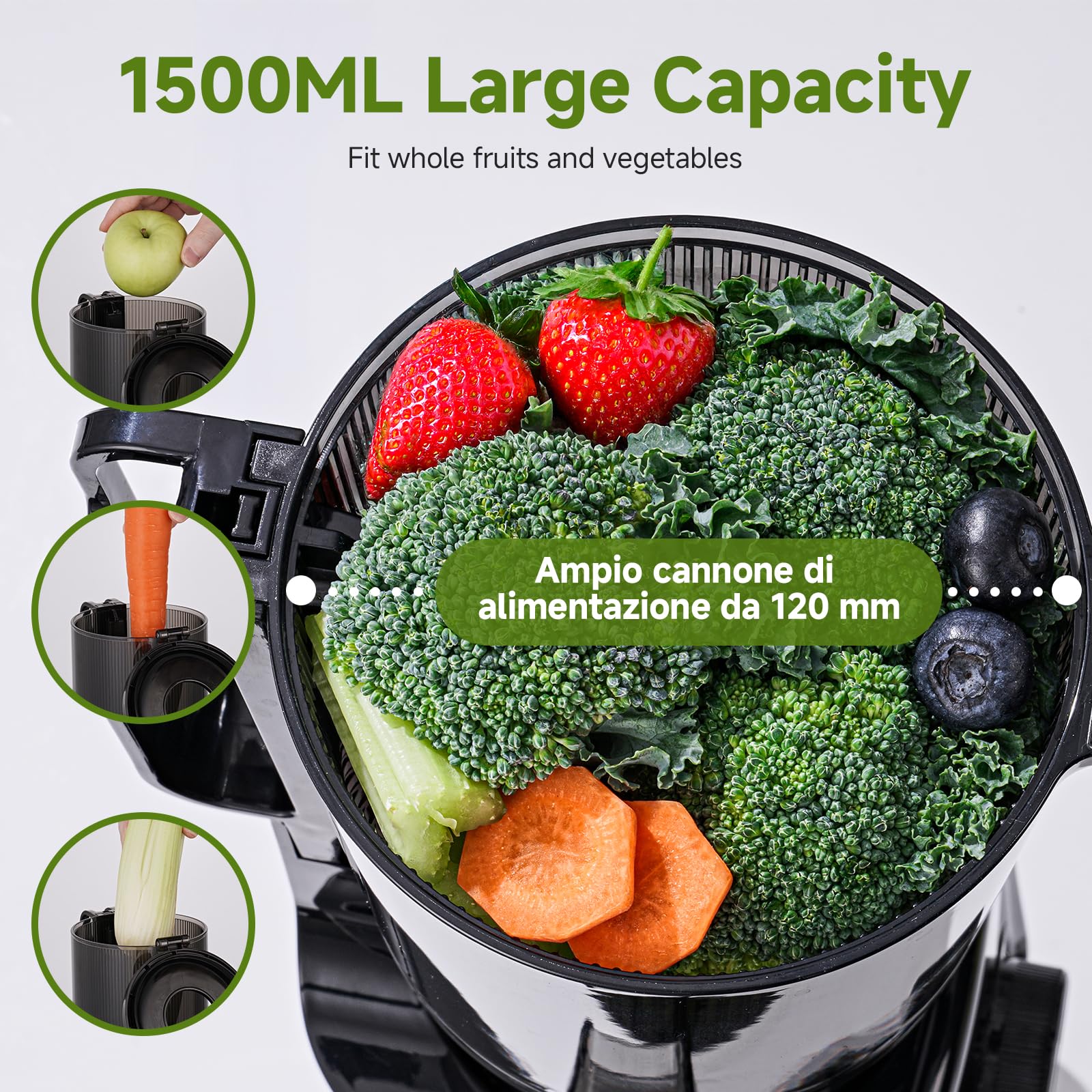 AMZCHEF Estrattore di Succo a Freddo Slow Juicer, Apertura da 120 mm, Estrattore Elettrico per Frutta e Verdura, Sistema a Doppio Filtro, Funzione Inversa, Antigoccia, Facile da Pulire, Argento