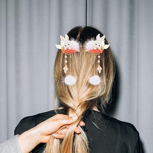 Miniatura 8 de Gadpiparty Pinza para el cabello: conejito de peluche con borla de bola de pompón, pinzas para el pelo de conejito lindo para mujeres y niñas, Año