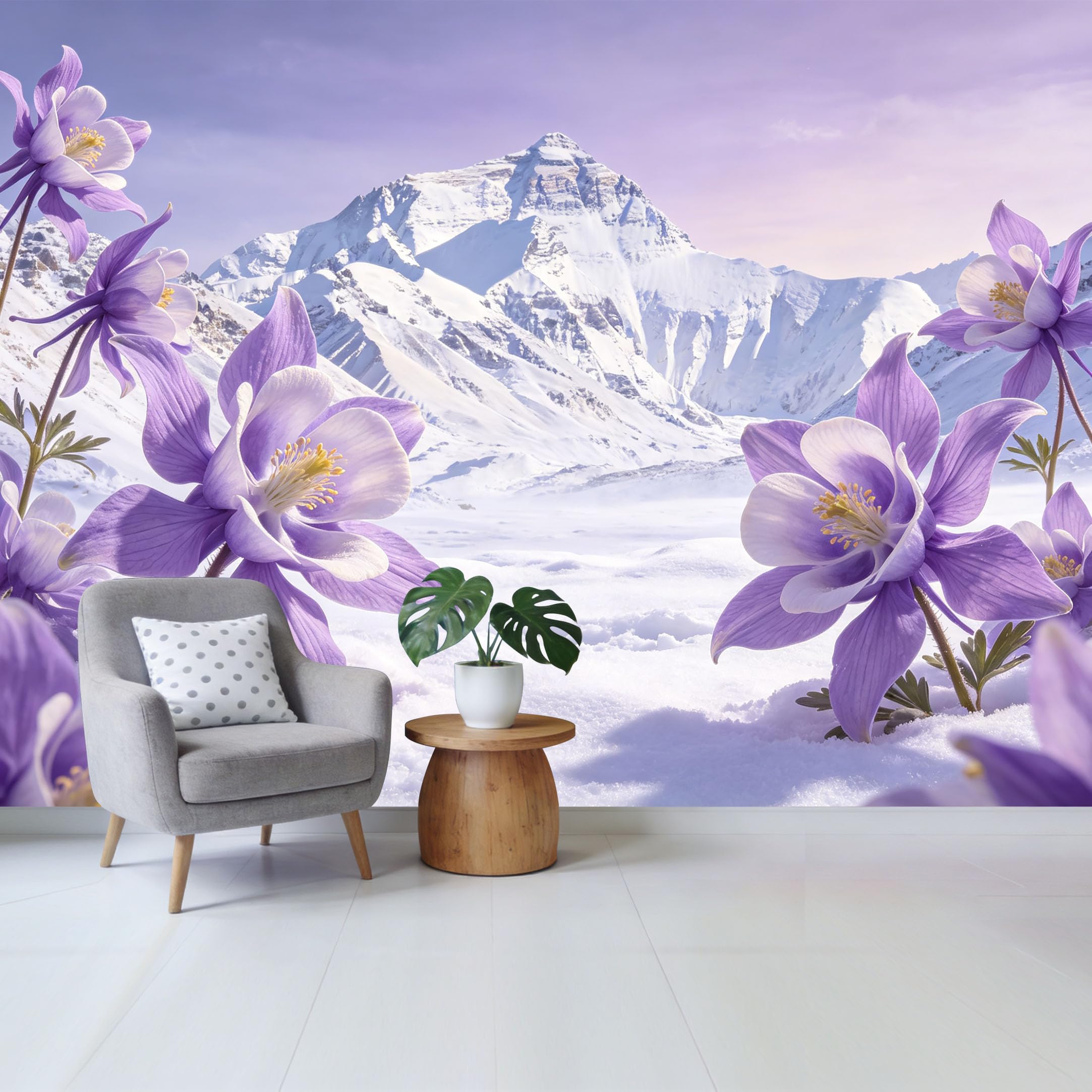 Qzlithotic Yq2605251086 Custom Size Wall Mural Purple Columbine Flower Snowy Mountain Landscape Botanical Scenery Selfadhesive Wall Fabric Removable Wallpaper For Home Office Decor