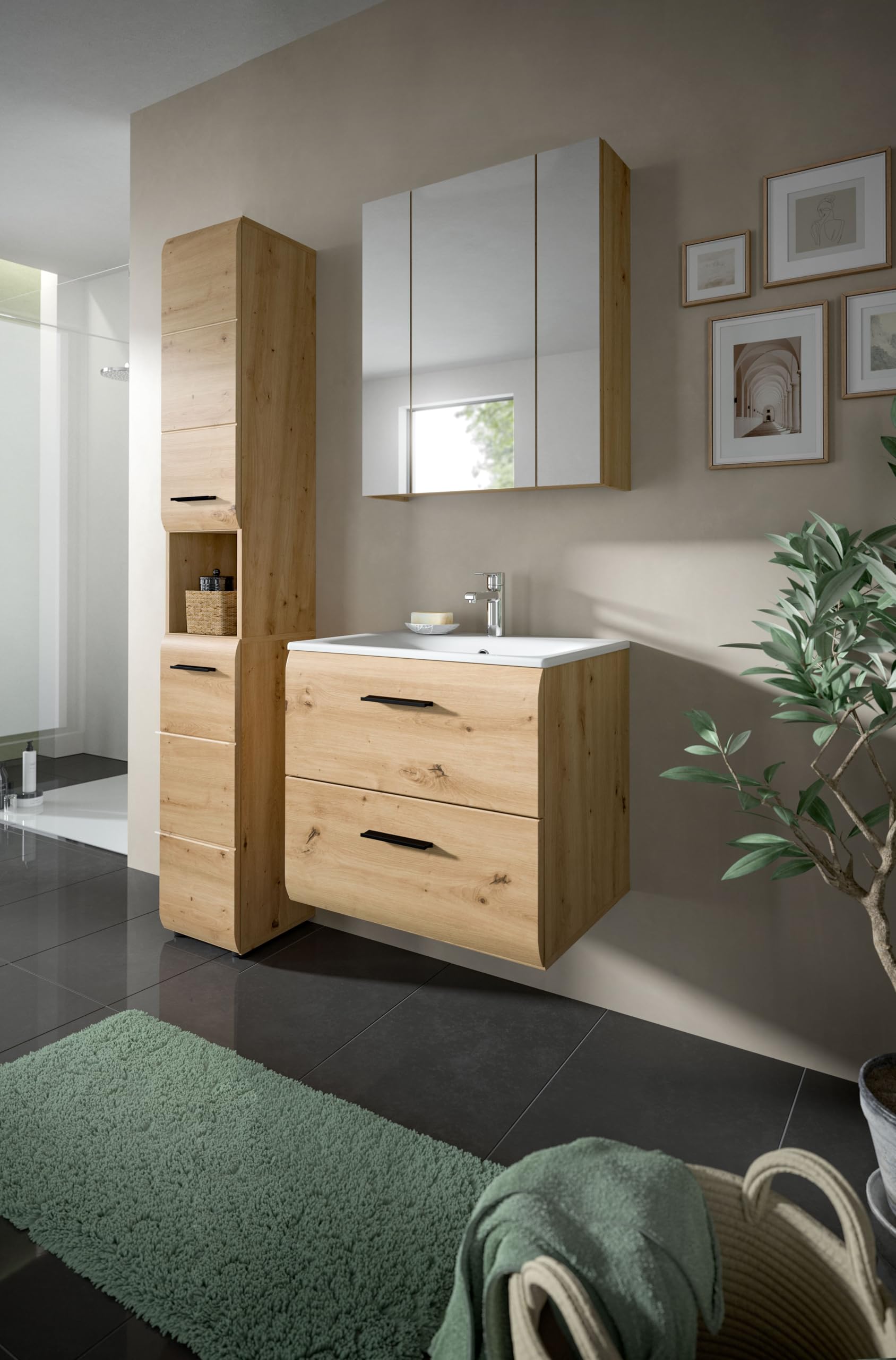 xonox.home – 3 TLG. Badmöbel-Set Ice 105x185x46 cm in Korpus und Front Artisan Oak Nachbildung – Zeitgemäße Kombination für Dein Bad – funktional – Bild 5