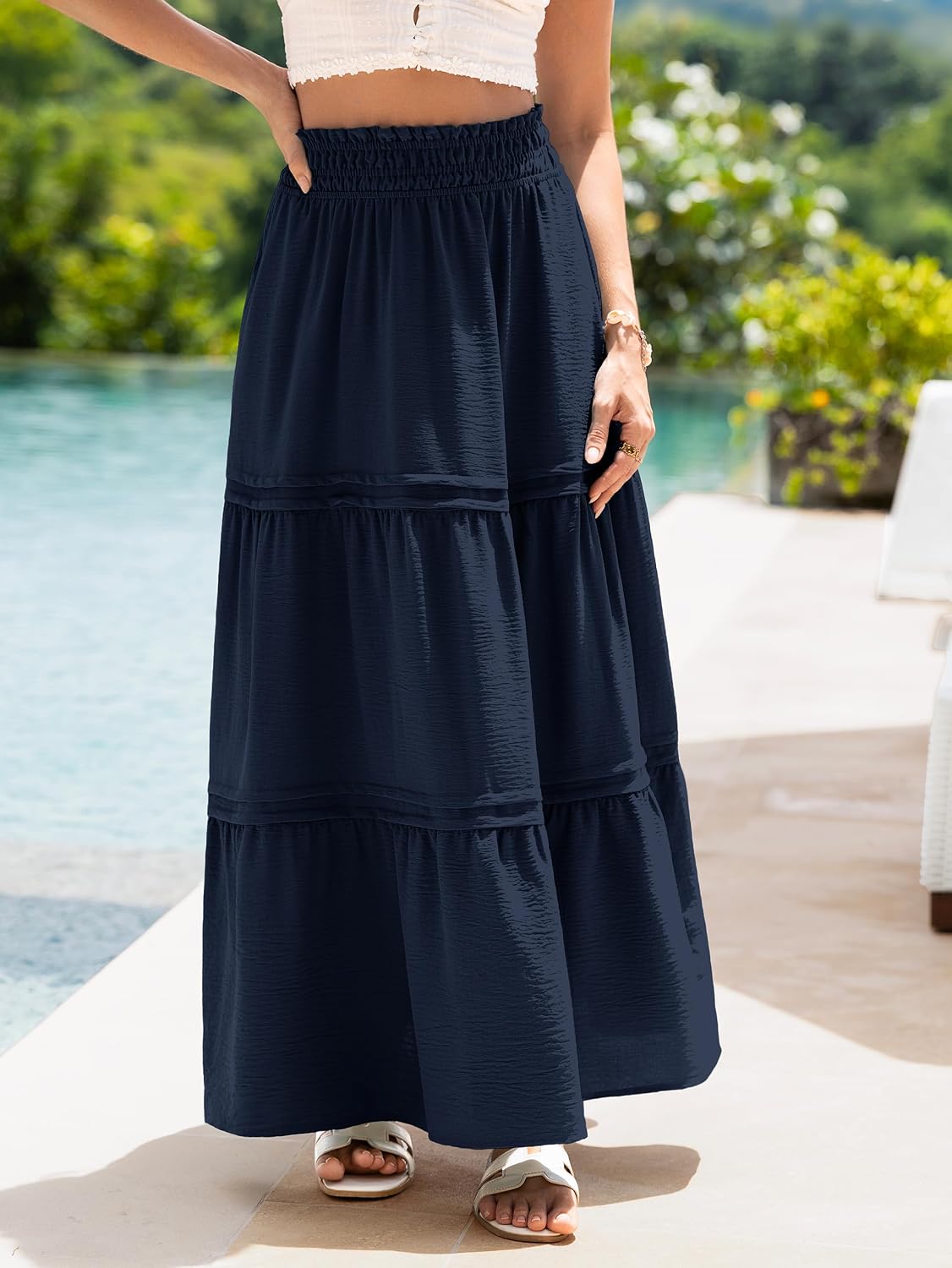 Simplee Womens Maxi Skirt Summer Long Flowy Tiered High Waisted A Line Smocked Beach Vacation Boho Skirts Wear with Pockets