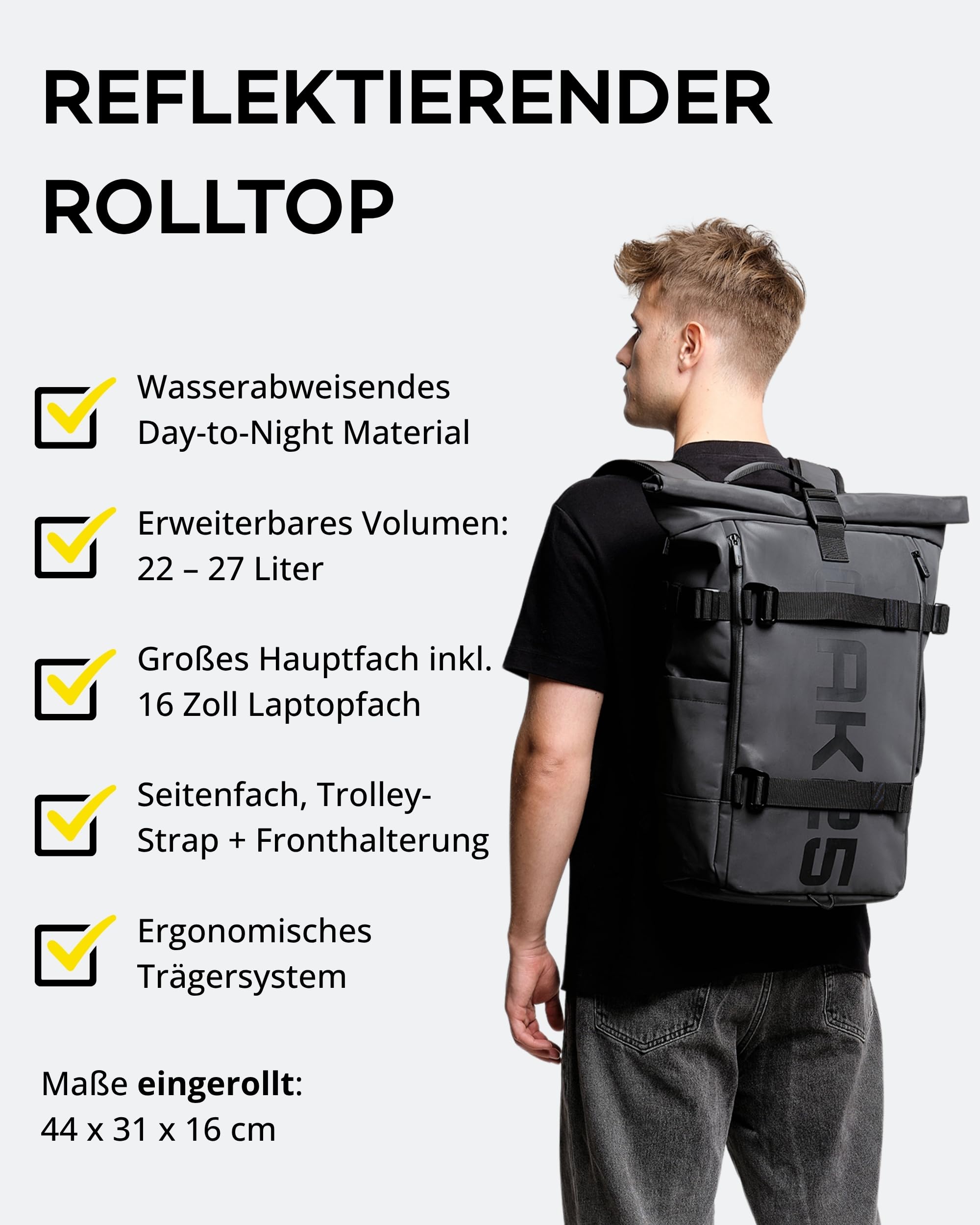 OAK25 Reflektierender Rolltop Rucksack Damen & Herren Schwarz - Luminite Rolltop - Roll Top Backpack für Arbeit Uni Fahrrad - Laptopfach bis 16 Zoll - Tagesrucksack 23L Reflektierend