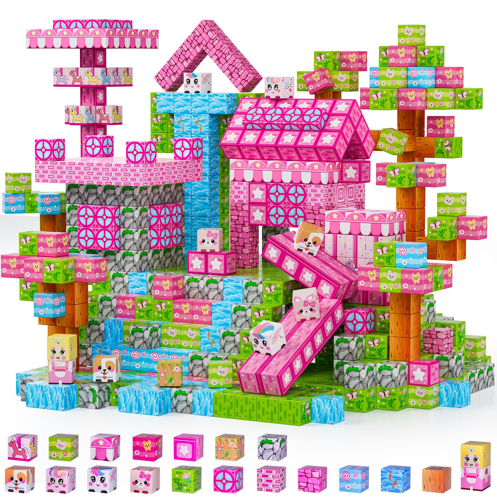 Magnetic Building Blocks, 150PCS Magnetic Block Cubes Tile Creative 3D Building Princess Castle Toys Gifts Game for Girls Kids Age 3 4 5 6 7 8 10 Play Pink
