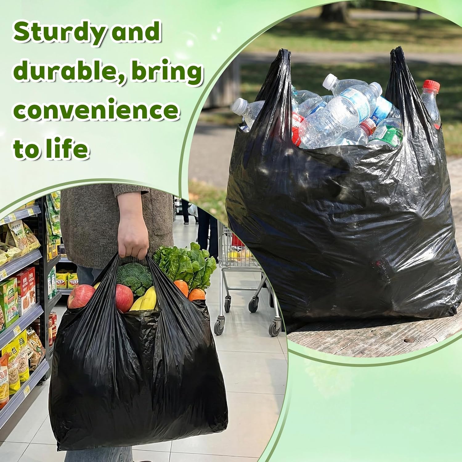 400 Count Black Plastic Grocery Bags With Handles, 30 Mic 20.5" x 12.6" XX Large Heavy Duty T Shirt Bags for Grocery and Retail