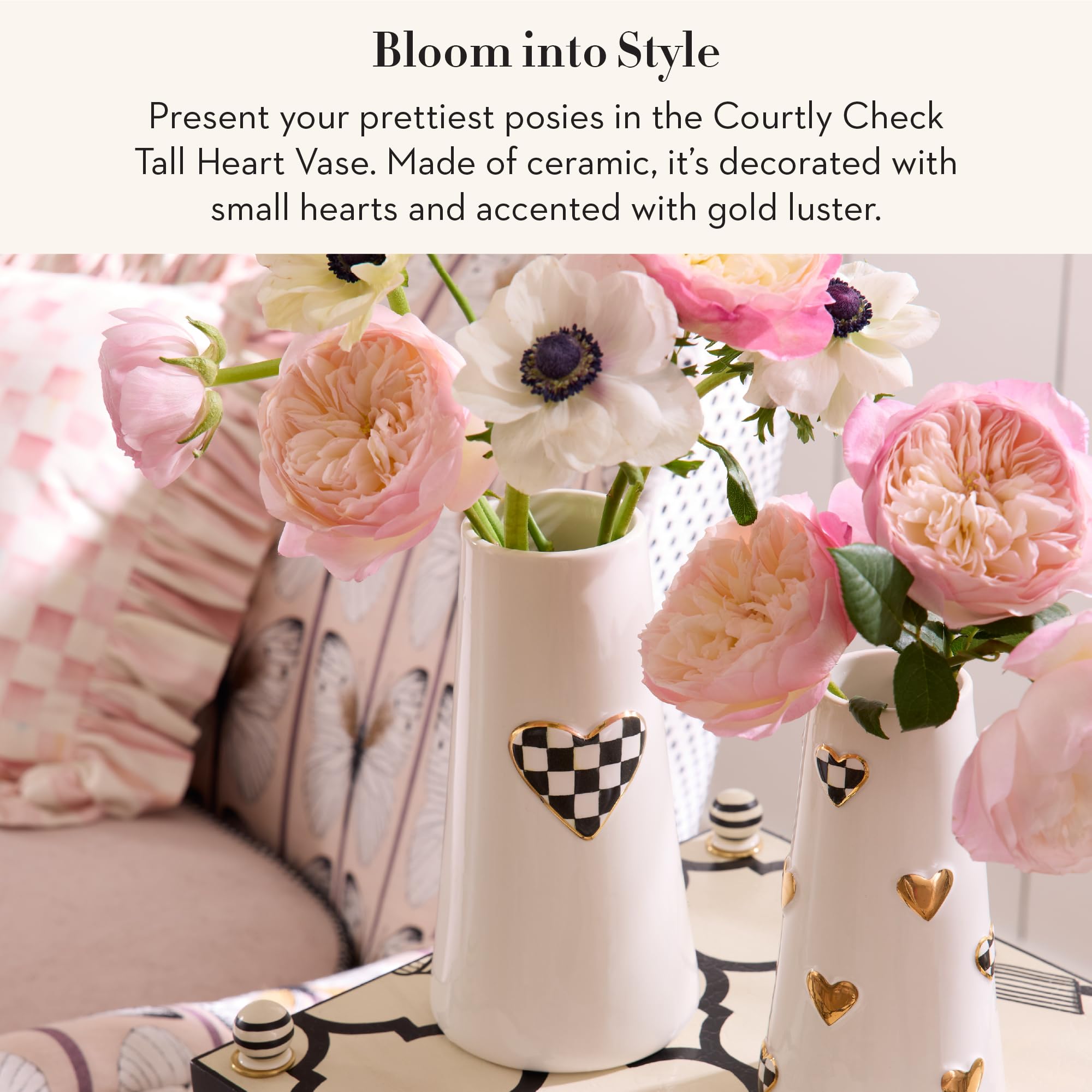 MACKENZIE-CHILDS Ceramic Heart Vase, Black-and-White Courtly Check — product photo
