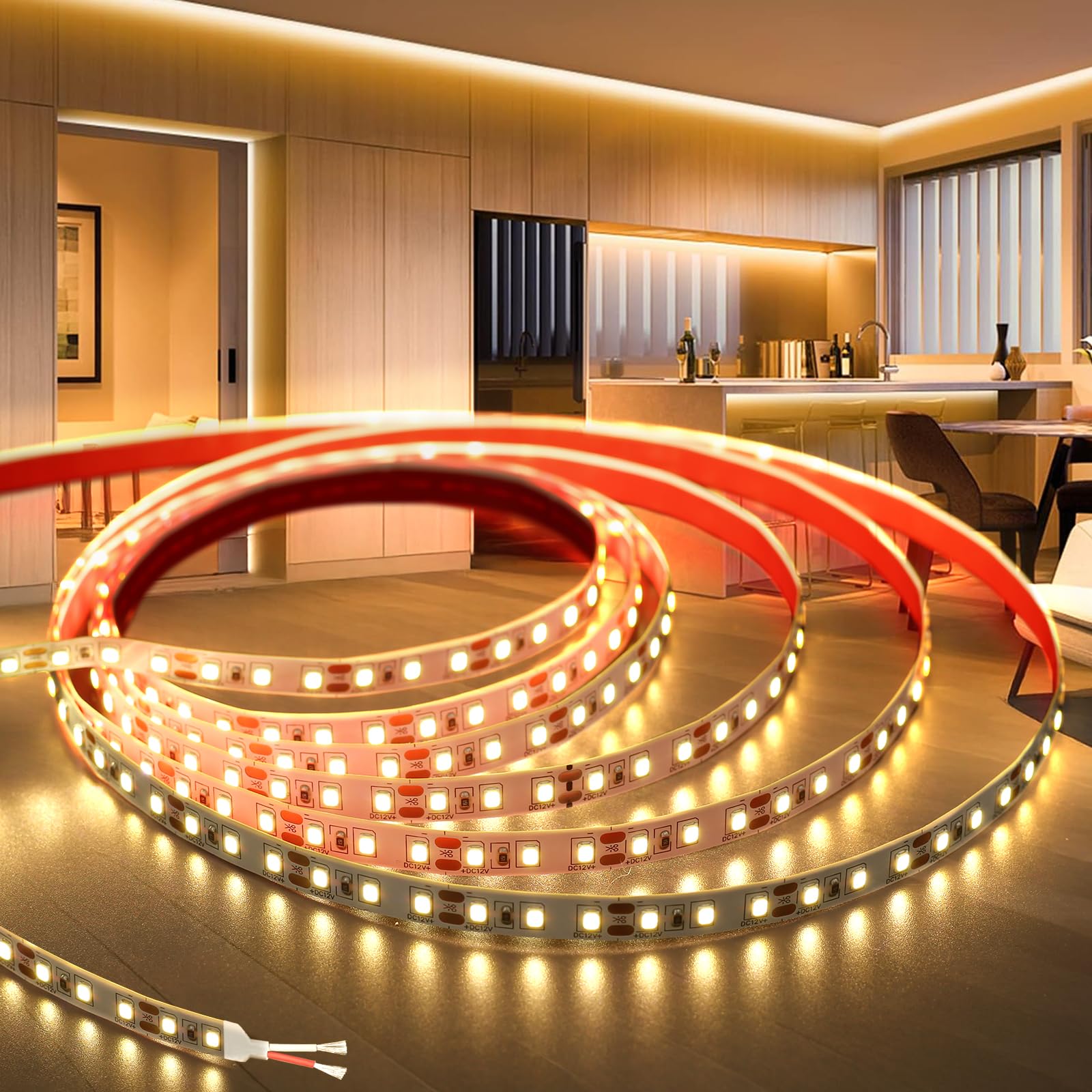 KSIBNW 24V LED Strip 5M/16.4ft, Warm White 3000K Led Strip Lights 8mm Width LED Tape Lights Flexible CRI80+ Uniform for Bedroom Cabinet Kitchen Decoration (No Power Supply)