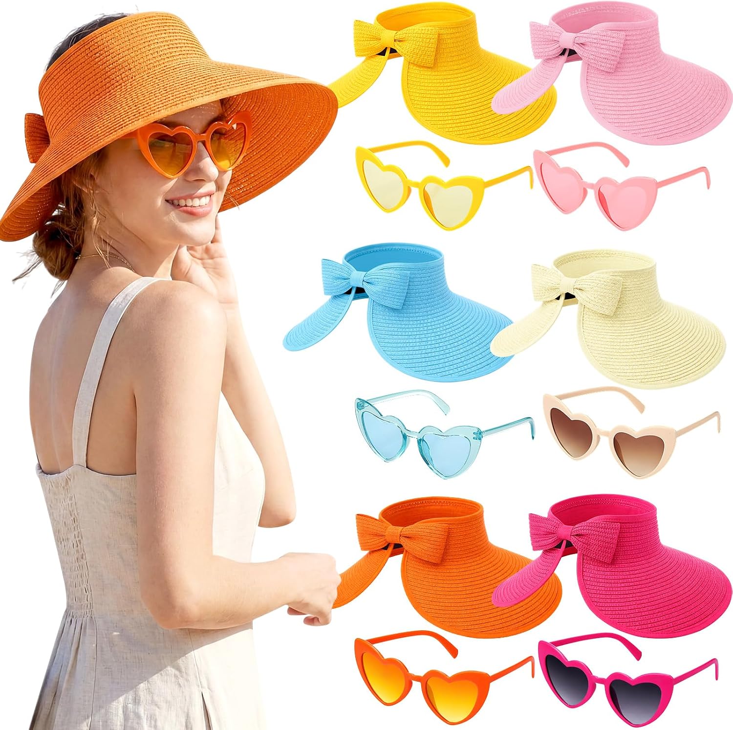 12 pcs Sun Hats and Heart Sunglasses Sets Wide Brim Beach Hat Summer UV Packable Foldable Visors for Women, Girls