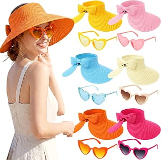 Funnysoft 12 pcs Sun Hats and Heart Sunglasses Sets Wide Brim Beach Hat Summer UV Packable Foldable Visors for Women, Girls (Bright Color)