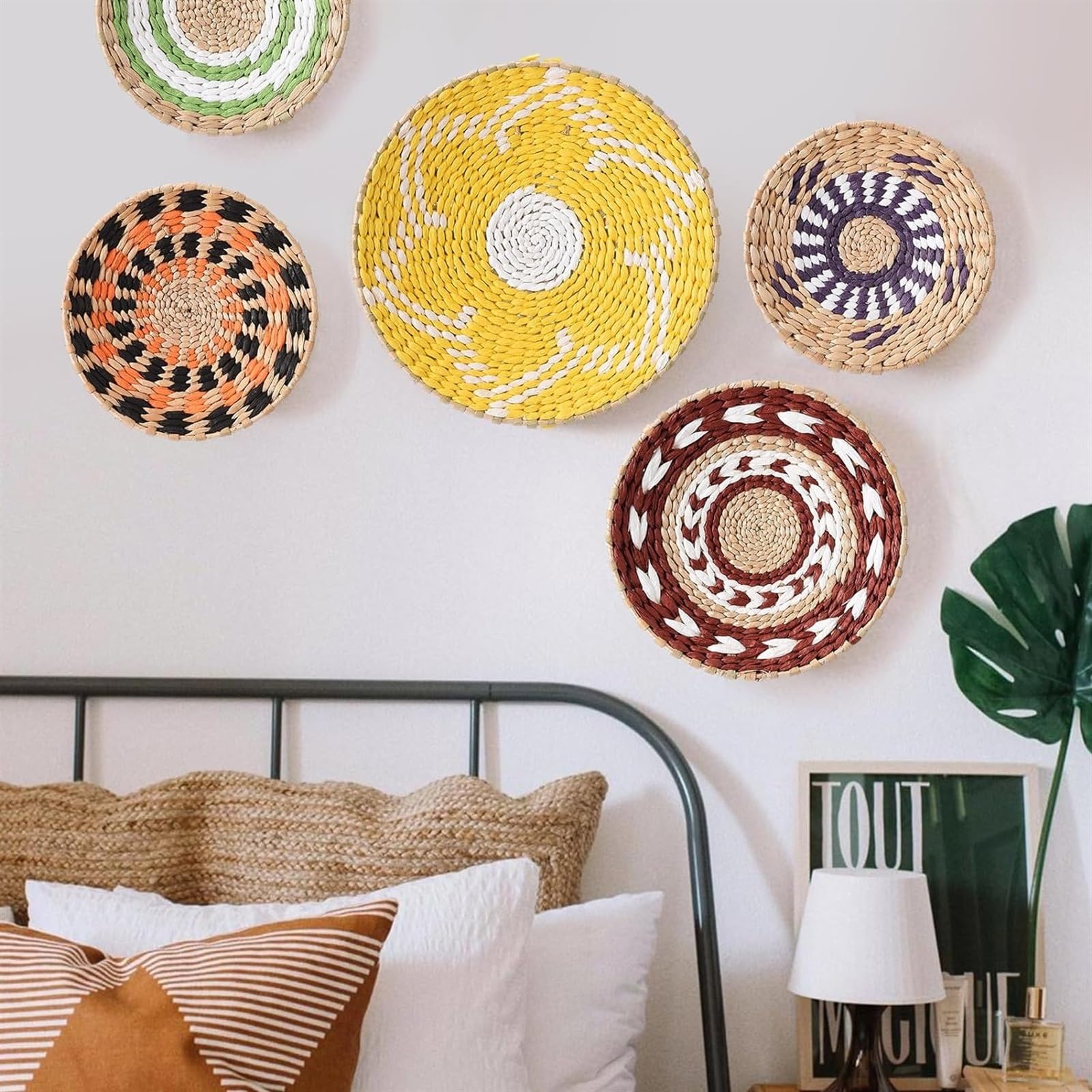 5 Stück Boho-Wandkörbe, Dekor, Seegras, for Aufhängen, Gewebter Wandkorb, Dekor, Rattan-Wandkorb, Dekorative Runde Wandbehang-Schalen, Teller, Afrikanische Hängende, Gewebte
