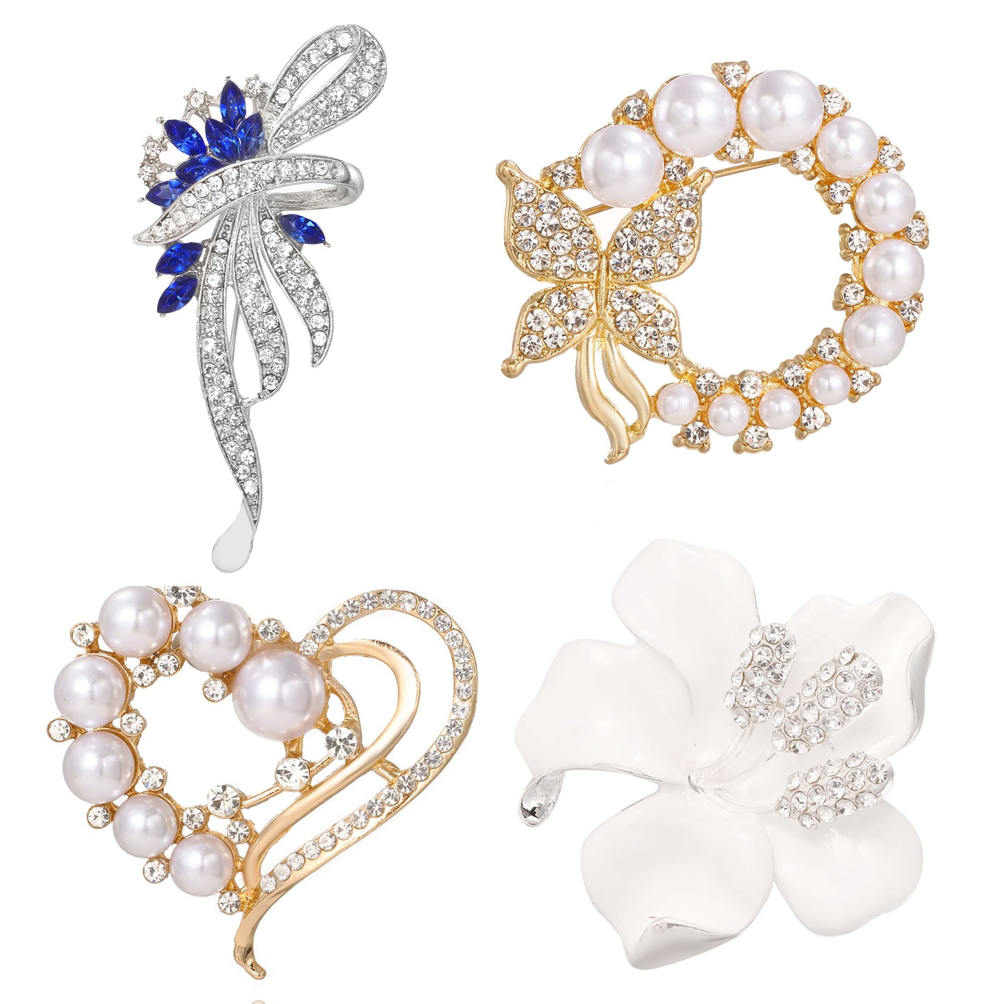 Coiris 4Pcs Brooches for Women Crystal Pearl Silver Gold Rhinestone Flower Heart Four-leaf Clover Swan Bridal Brooch for Wedding