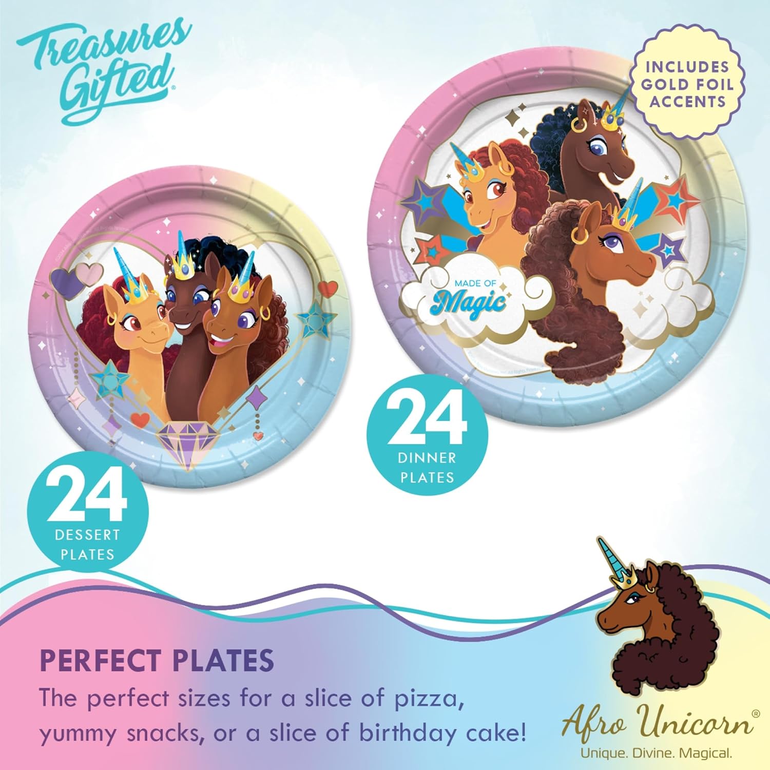Treasures Gifted Officially Licensed Afro Unicorn Birthday Party Supplies - Serves 24 Guests - Ultimate Set Afro Unicorn Birthday Decorations for Girls - Dinnerware, Banners, Cake Toppers, & More
