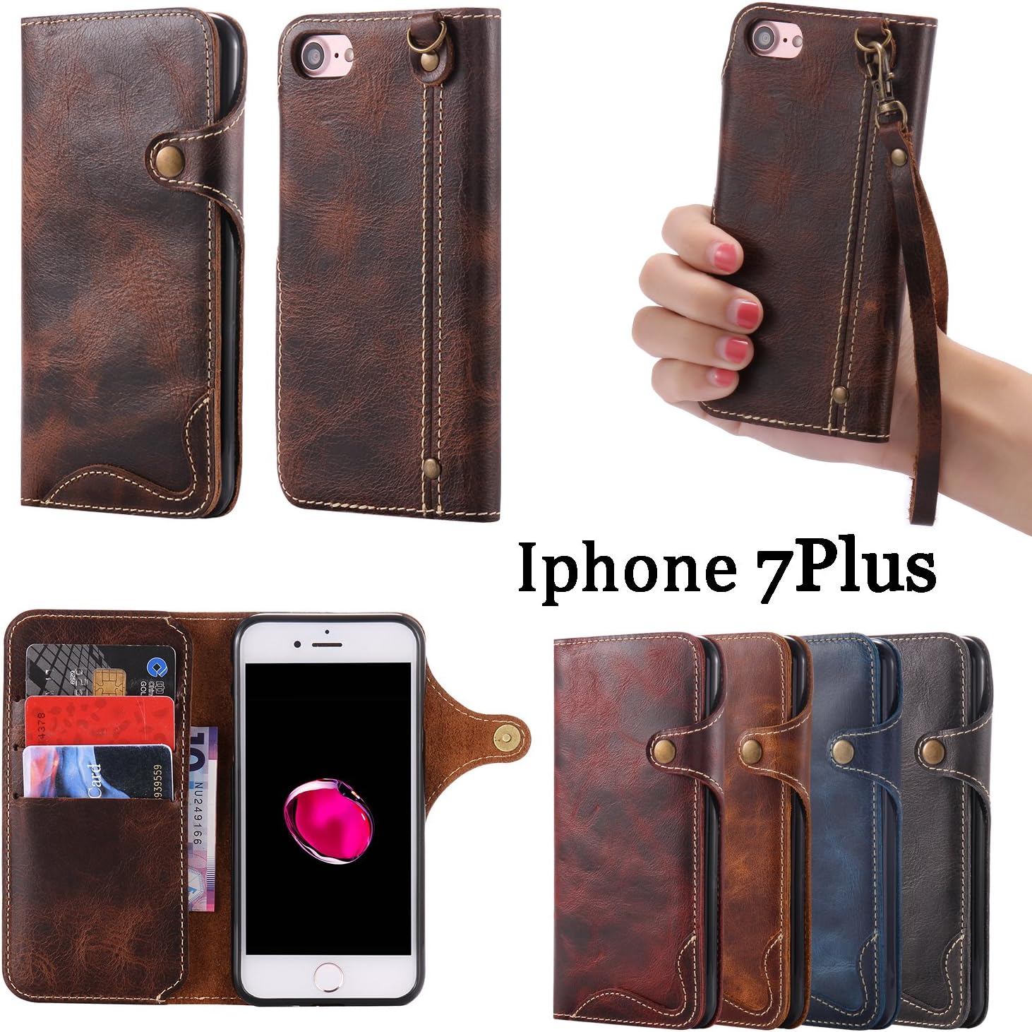 Genuine Leather Wallet Case for iPhone 8 Plus,Classic Oil Wax Pattern Real Leather Button Card Slot Flip Stand Case Cover with Lanyard Red
