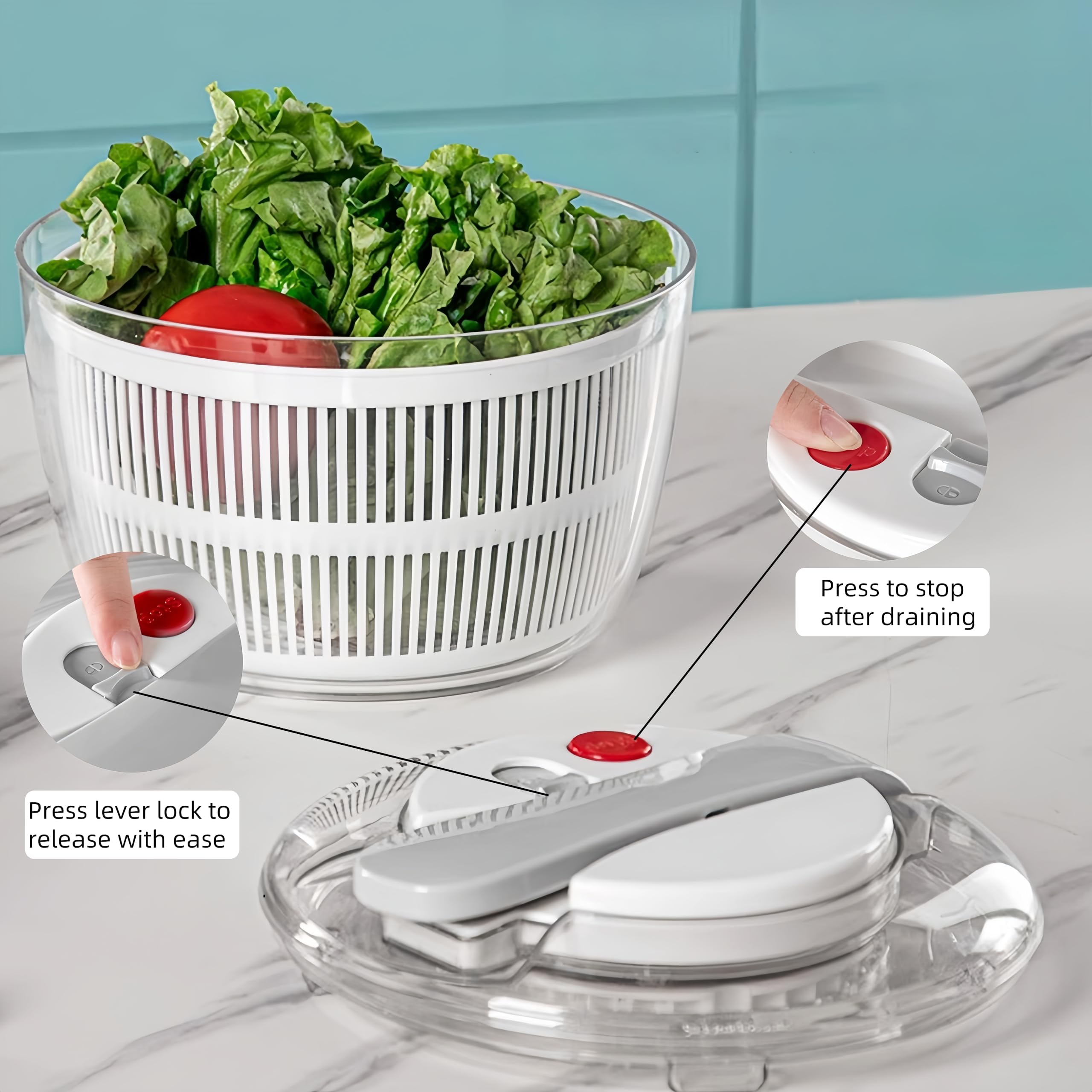 Salatschleuder und Tosser mit Druckknopf – auslaufsicherer Doppelkorb für frisches Grün, Salat, Beeren, Kräuter – einfaches Drehen und Werfen für schnelles Trocknen – lebensmittelechter Mixer und