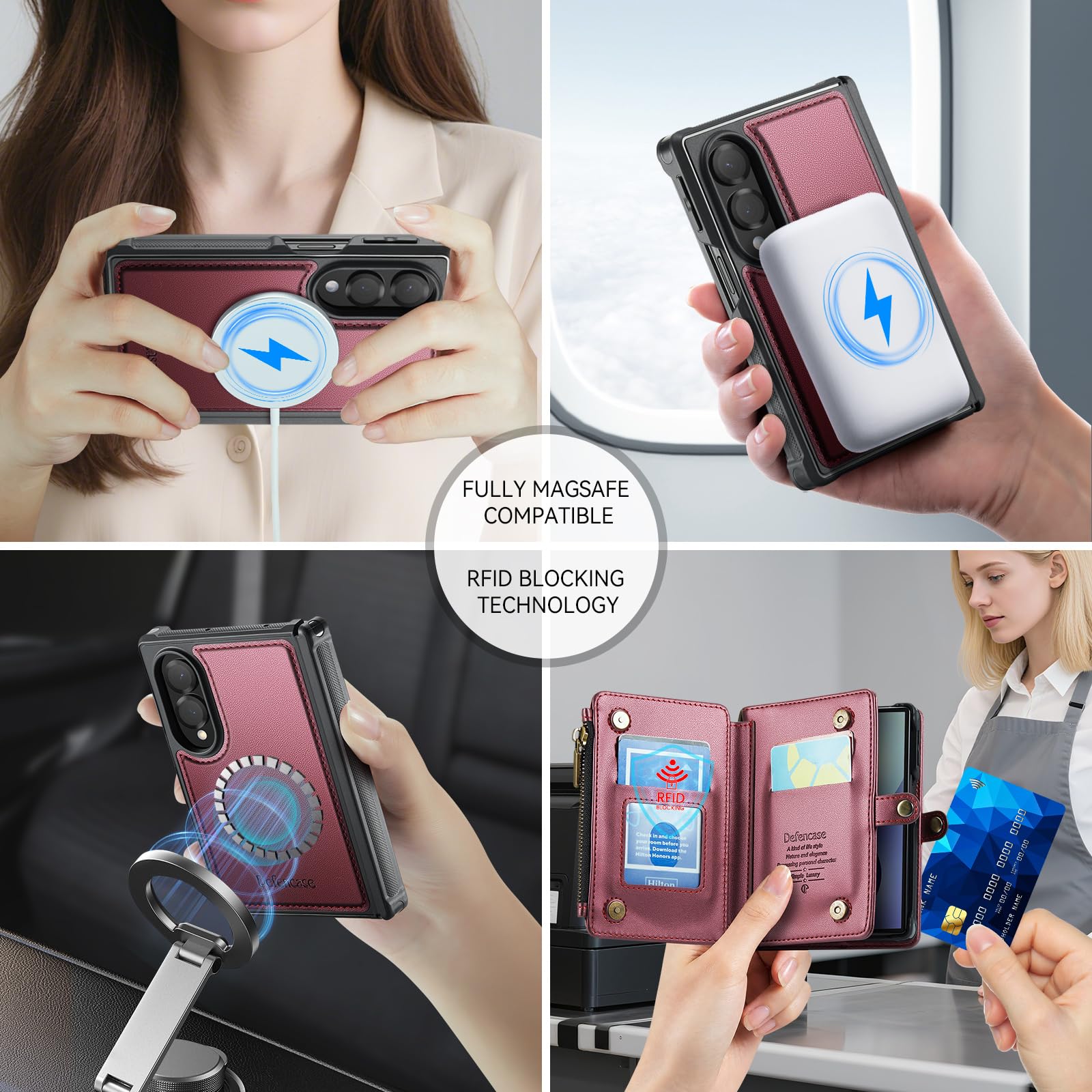 Defencase Funda tipo cartera para Galaxy Z Fold 8 compatible con Magsafe | Funda magnética desmontable para tarjetas RFID Bolcking con cremallera, piel sintética, a prueba de caídas para Samsung