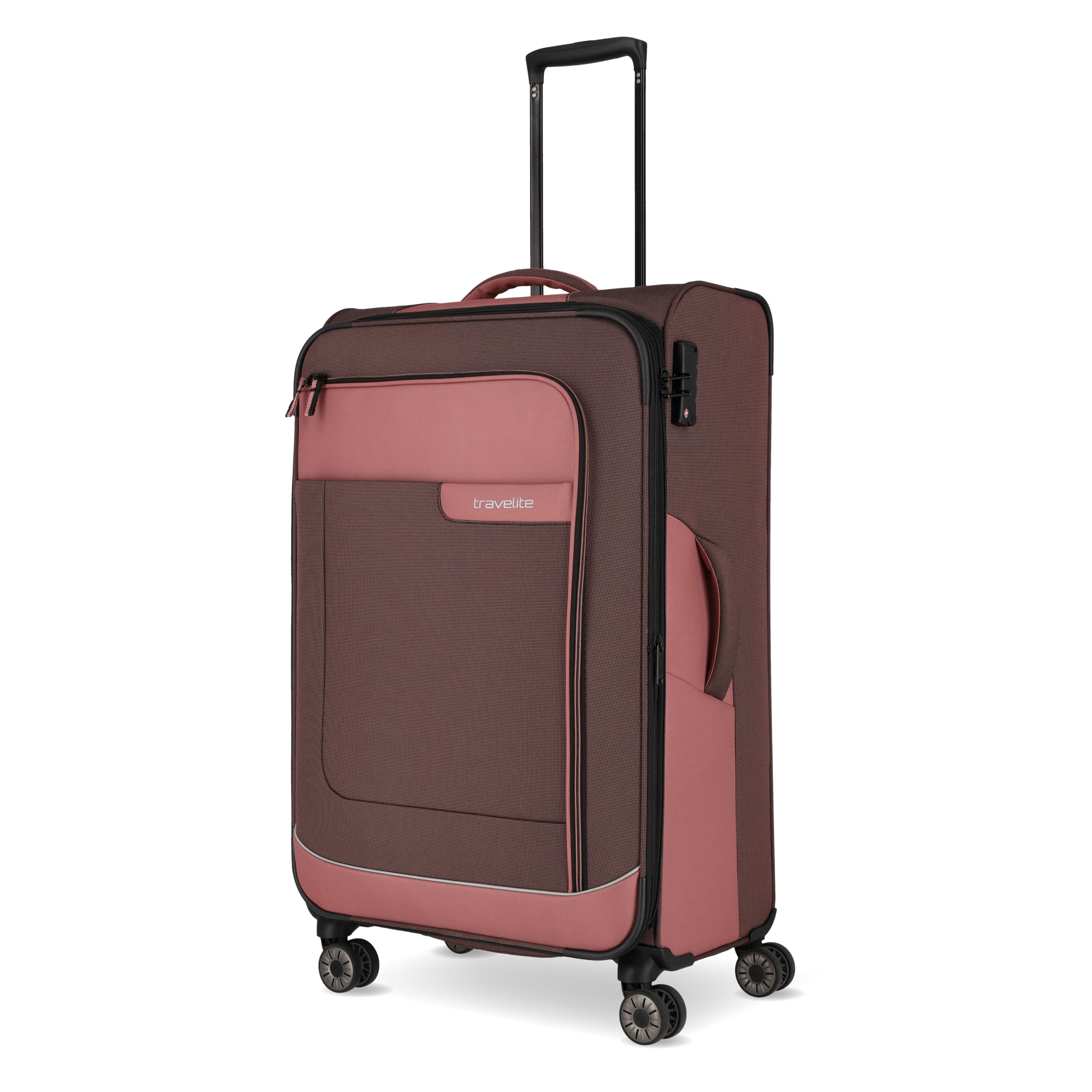 Travelite 4-Rad Koffer Größe L Weichschale aus recyceltem Material, Gepäck Serie VIIA: Trolley mit Dehnfalte + Kantenschutz, 77 cm, 91-103 Liter