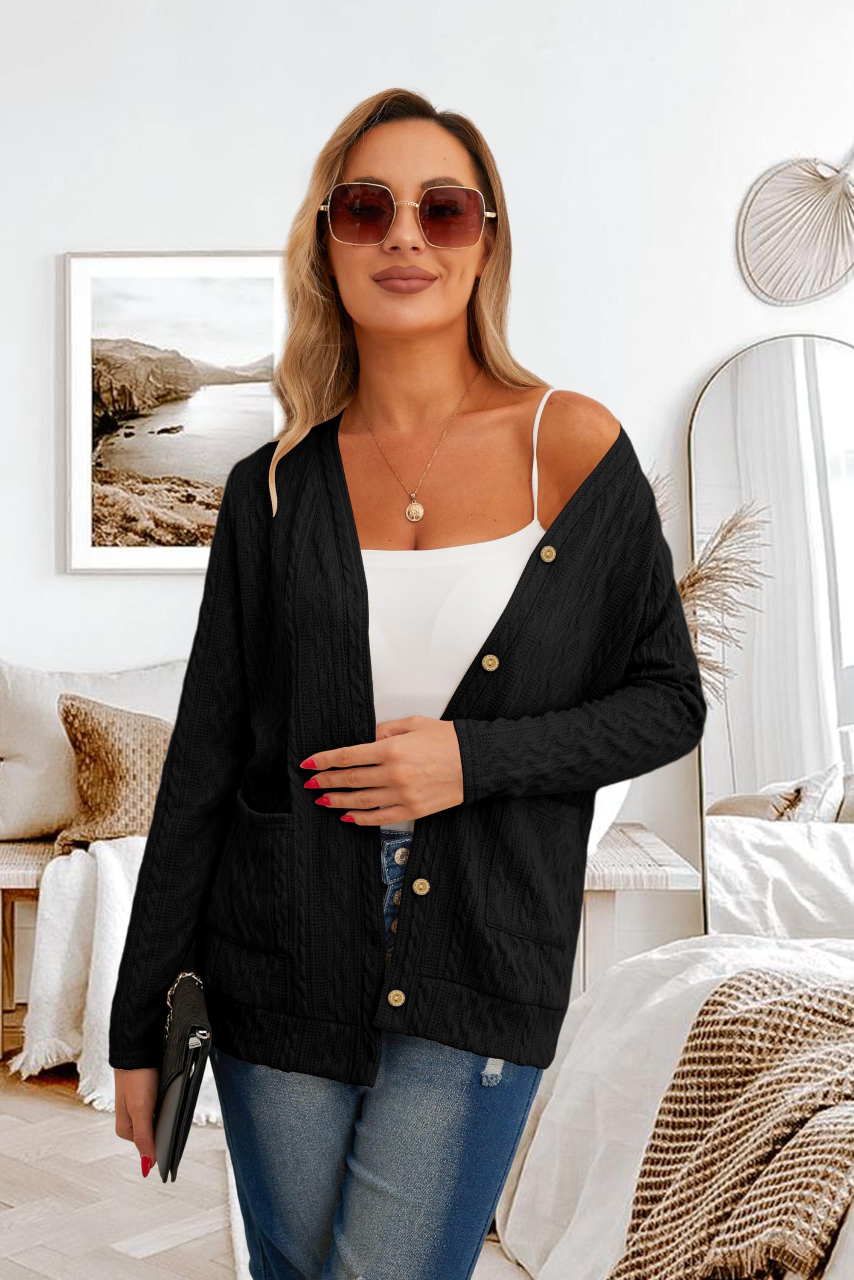 GRECERELLE Gilet Femme Cardigan Chic et Elégant Torsadé pour l'Automne avec Boutons Col en V et Poches Pratiques