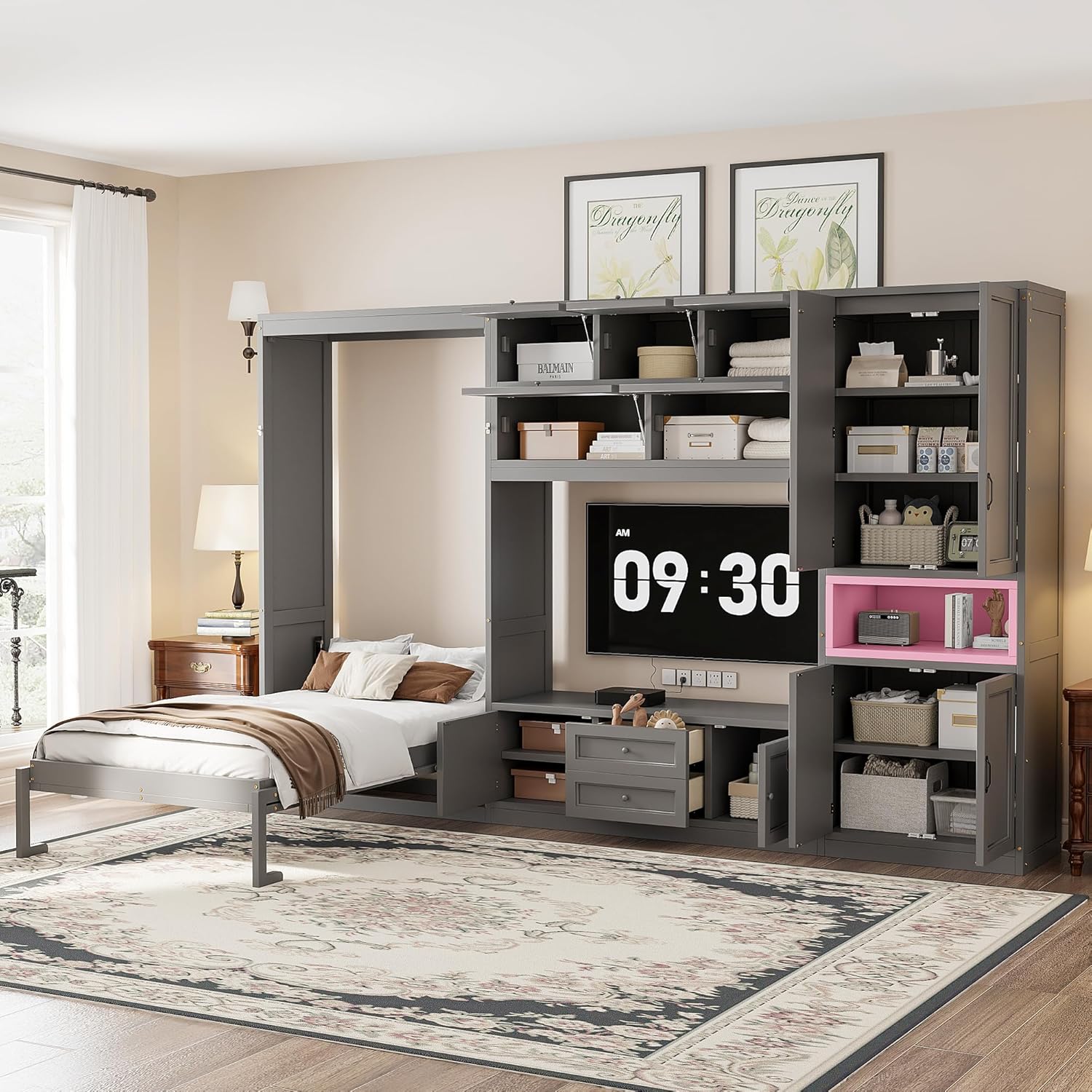 Ball & Cast Twin Size Murphy Bed with Integrated TV Stand and 2 Storage Drawers,Wood Hideaway Wall Beds w/Shelves & Cabinets,can be Folded,Space-Saving,for Small Room,Dorms,Color-Blocking Design,Gray