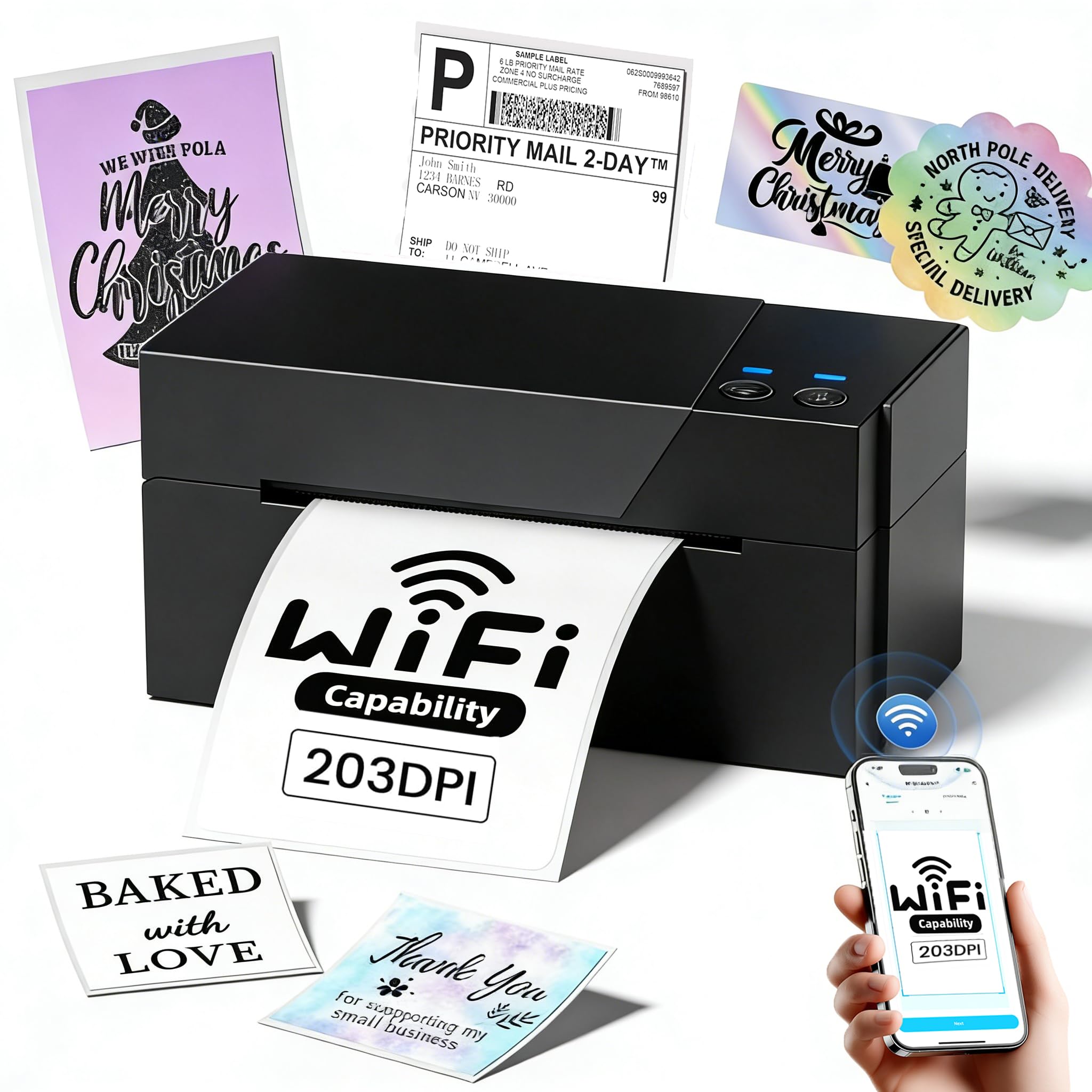 Iwaju view of the Omezizy 247 WiFi Thermal Label Printer, showing the label output slot and control buttons.