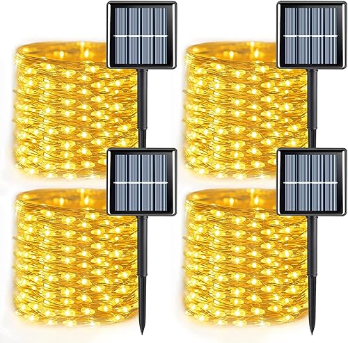 QITONG Paquete de 4 luces solares de hadas de color blanco cálido, cada cadena de 100 luces LED para exteriores, 8 modos de luces de alambre de