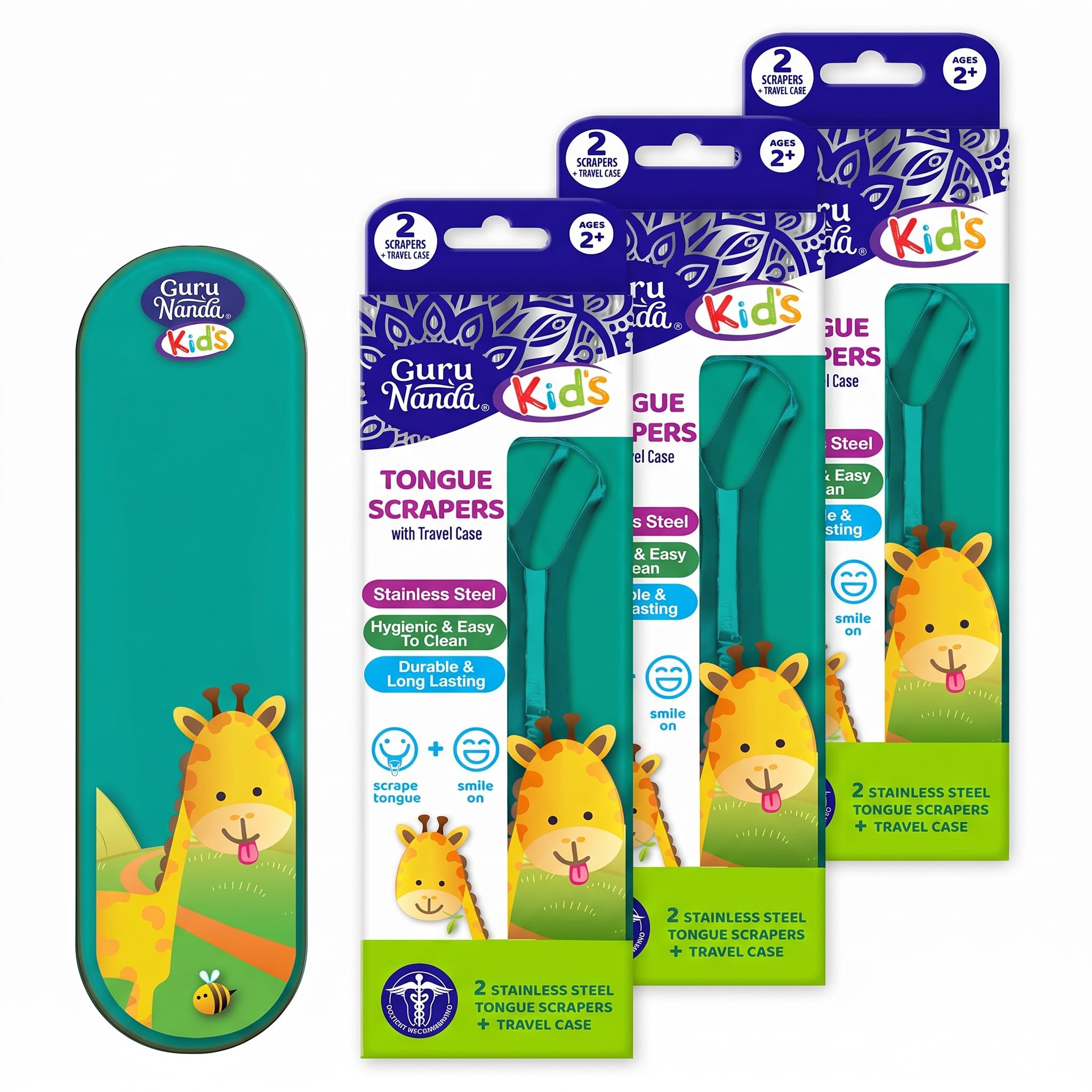 GuruNanda Kids Tongue Scraper (6-Pack) with Travel Case, Stainless Steel, Aids in Fresh Breath - Travel-Friendly Tongue Cleaner (Green/Pink/Orange)