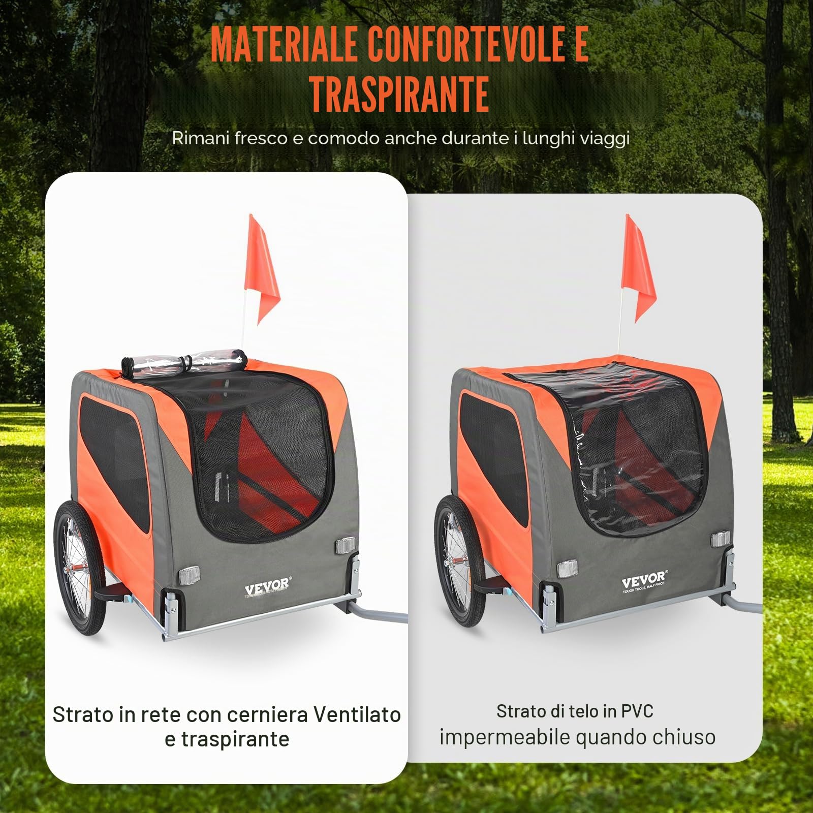 VEVOR Rimorchio Bici per Cani Pieghevole Portata max. 30 kg Passeggino per Animali Domestici con Ruote a Sgancio Rapido Telaio in Acciaio Carrello per Bici Traino Rimorchio Animali Arancione/Grigio