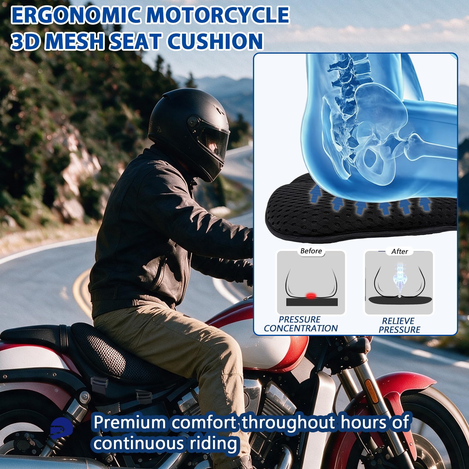 AEROiVi Motorrad Sitzkissen Pad mit 3D Air Mesh Atmungsaktiv Waschbar Stoßdämpfung Stop Hot Seat