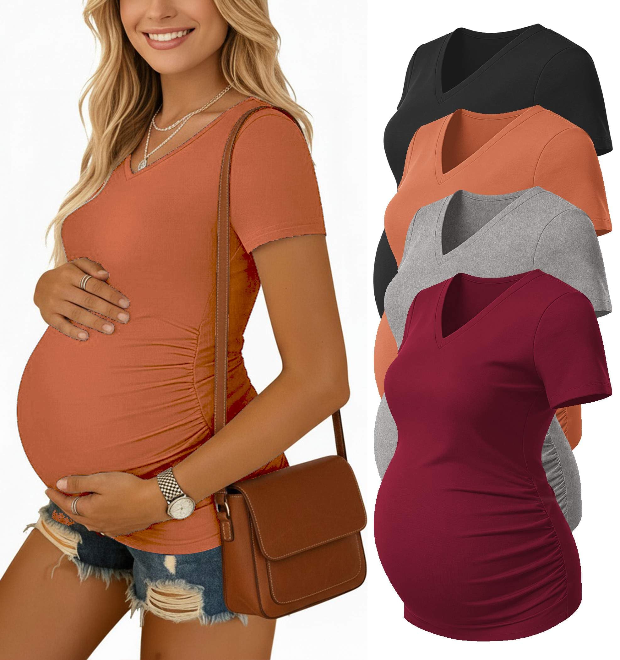 Ekouaer 4 Pack Maternity Shirts V Neck Maternity Top Short Sleeve Casual Tee Side Ruched Pregnancy Clothes