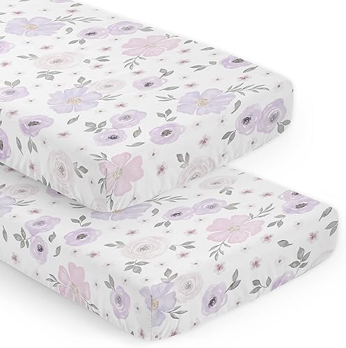 Miniatura 1 de Sweet Jojo Designs Juego de sábanas bajeras para cuna color morado lavanda bohemio floral para bebé bebé colchón estándar para recién nacidos rosa