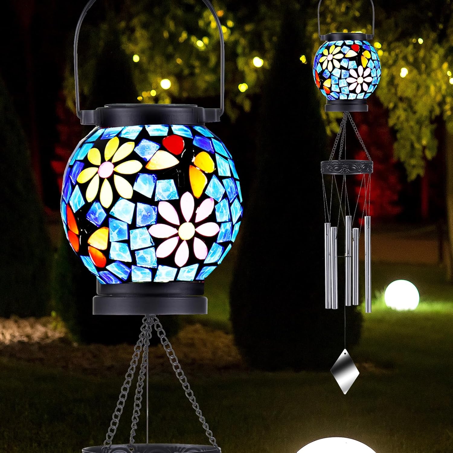 VOREEN Solar Wind Chimes with Gentle Chime Sound, Blue Mosaic Glass Lantern for Outdoor, Calming Night Glow & Relaxing Breeze Melody, Waterproof Porch Yard Garden Decor, Memorial & Sympathy Gift