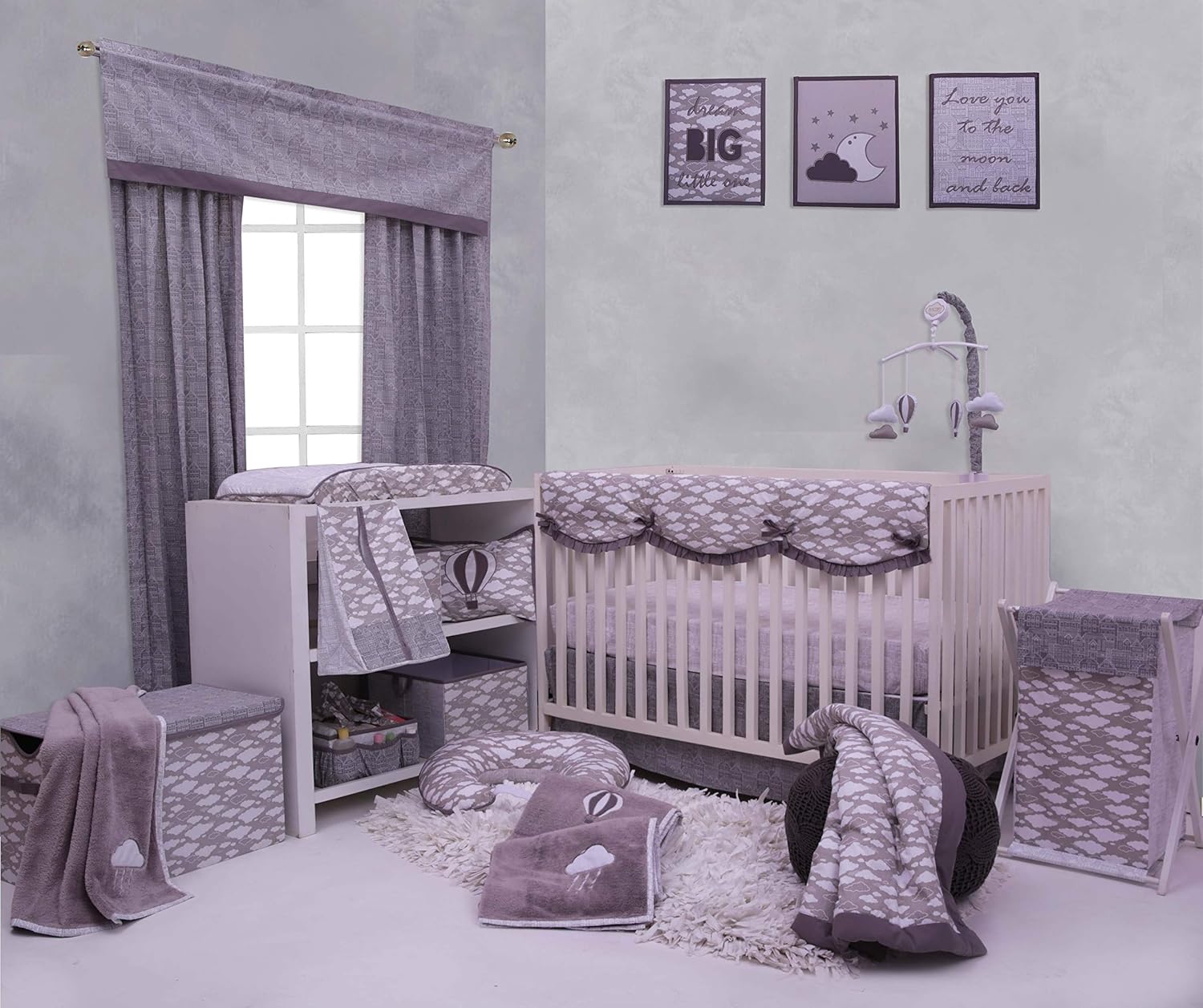 Bacati Clouds in The City Collapsable Hamper, White/Grey