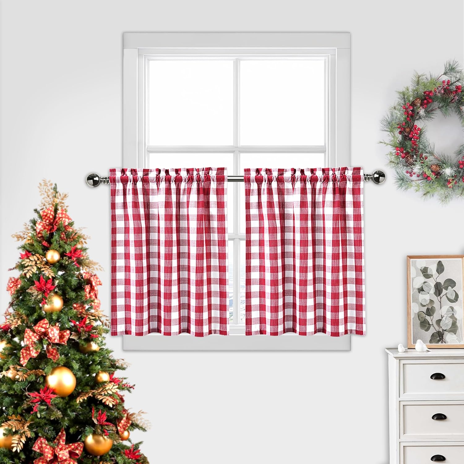 Amzdecor Buffalo Check Tier Curtains for Kitchen, Thick Yarn Dyed Buffalo Plaid Gingham Rod Pocket Cafe Bathroom Curtains, 28" W x 45" L, Burgundy Red/White, Set of 2