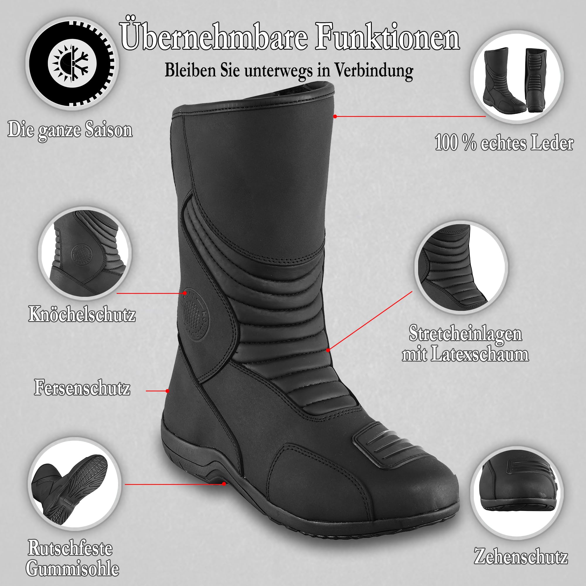 Herren Motorradstiefel, wasserdichte Leder-Schutz-Motorradschuhe mit langem Knöchelschutz