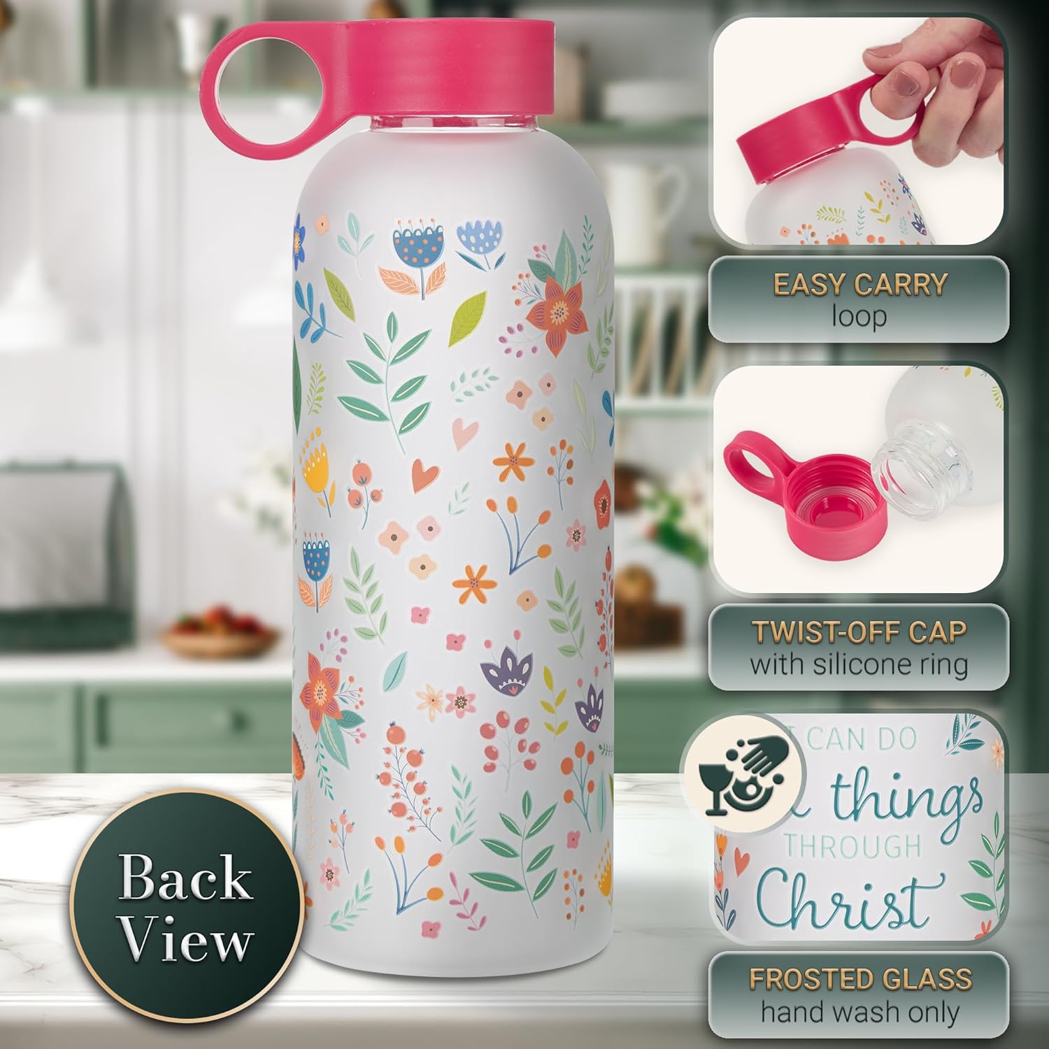 Christian Art Gifts Reusable Frosted Glass Inspirational BPA-Free Water Bottle for Women: All Things Through Christ Scripture Verse, Carry Handle Loop, Twist Cap Lid, Red & Multicolor Floral, 17 oz. - Image 3
