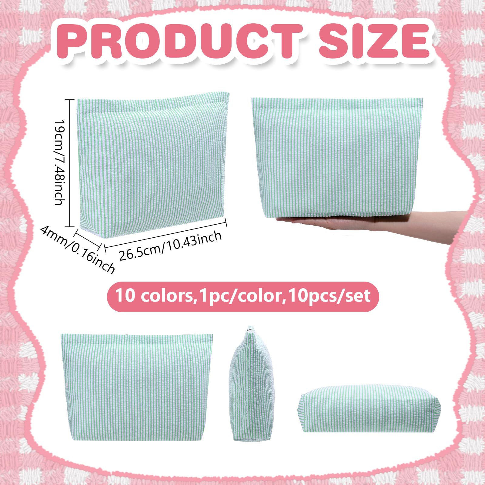 10 bolsas de maquillaje de sirsaca, bolsa de cosméticos de poliéster a rayas de 10 colores, bolsa de almacenamiento ligera para artículos de tocador preparados, bolsa de almacenamiento de