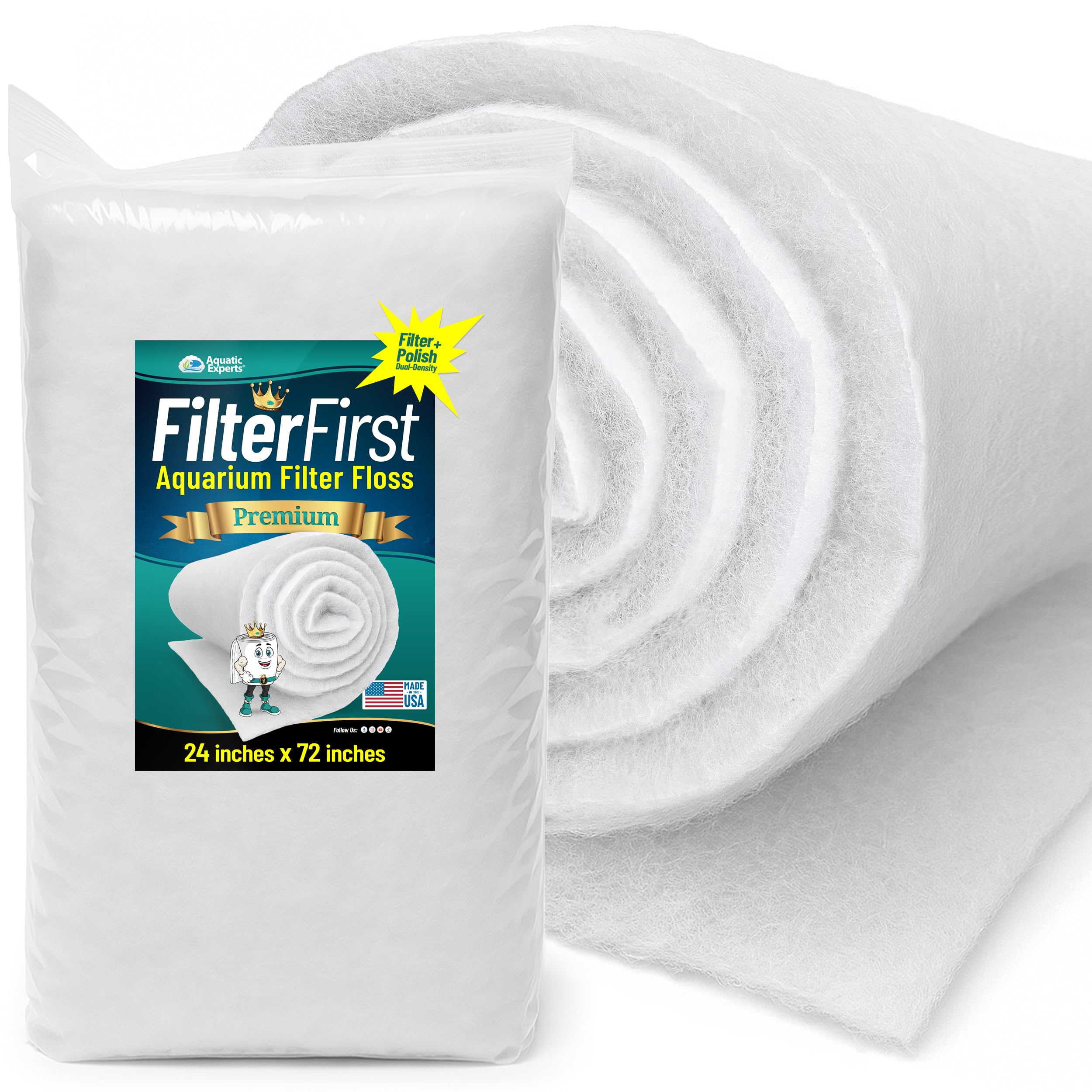 Aquatic Experts Aquarium Filter Floss for Fish Tank Filters - FilterFirst Aquarium Filter Pad - Media Roll for Crystal Clear Water, 3/4" - 1" Thick (24 Inch Wide, 72 Inch Long)