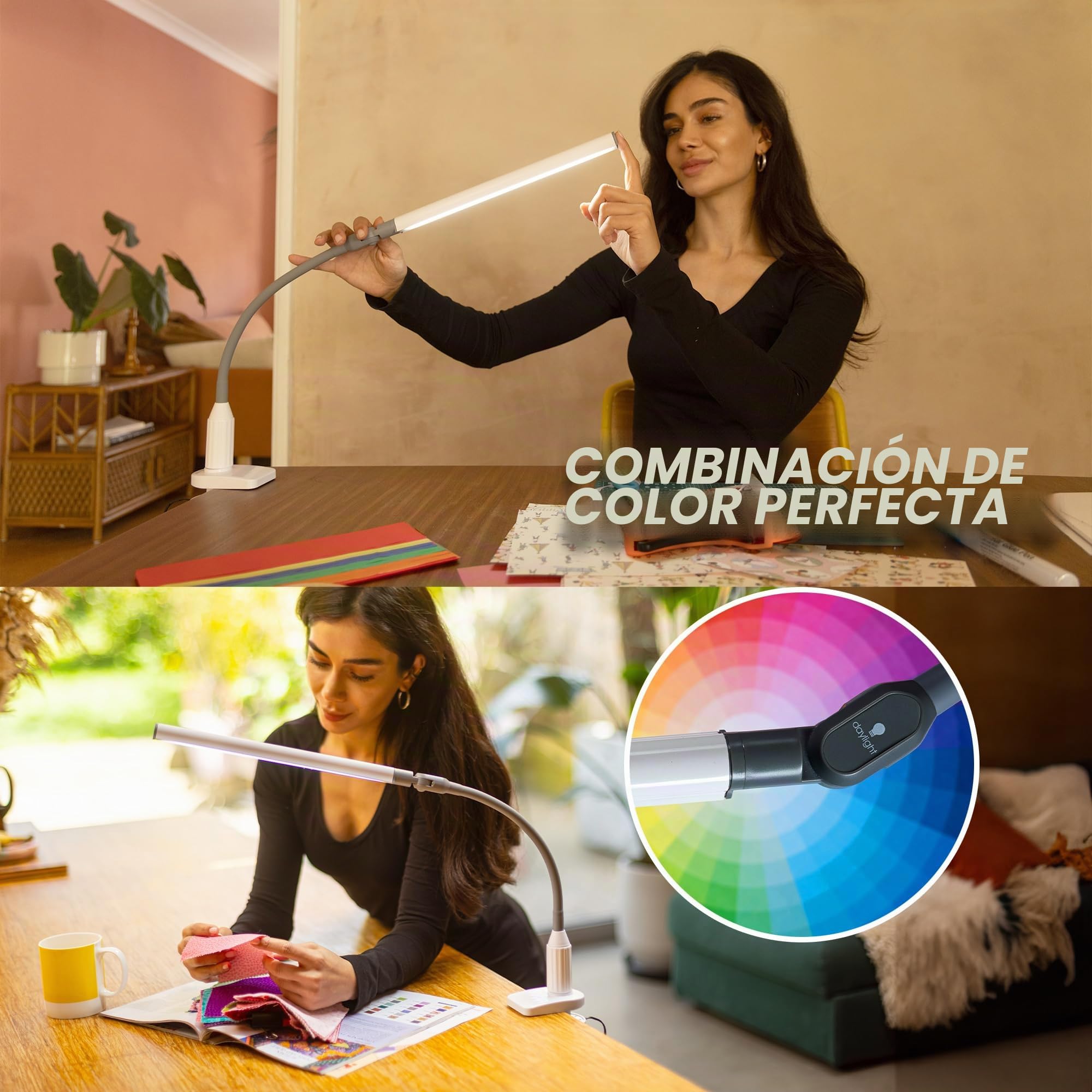 Daylight UnoPro™ – Lámpara con Pinza – Lámpara de Escritorio LED con Clip, IRC 95+, 6000K, 1150 Lux, 4 Niveles de Brillo, Pantalla Antirreflejos, Brazo Flexible, Manualidades y Oficina, Blanco