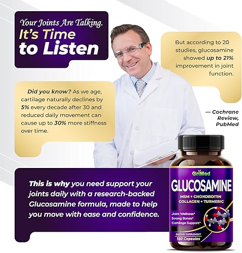 Miniatura 3 de GriMed Glucosamina 12,000 mg - X12 Power con MSM, condroitina, colágeno, cúrcuma para el bienestar de las articulaciones, huesos fuertes, soporte