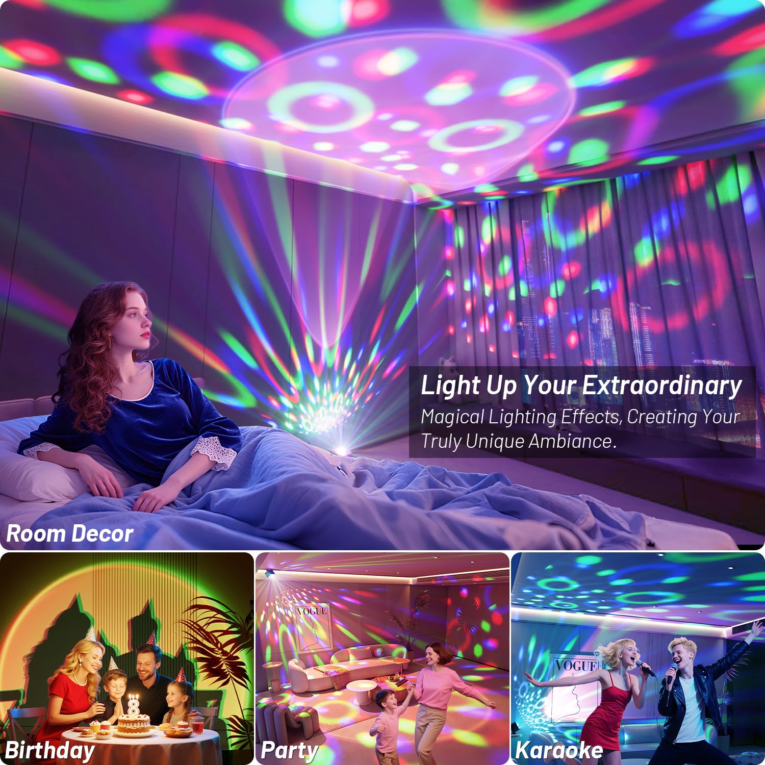 Discokugel Party Lichter Disco Licht Sonnenuntergang Lampe Projektor mit Weiß + RGB + UV + YGB Modi LED Strobe DJ Bühnenlichter für TIK Tok Live Fotografie Partys Home Room Dance Geburtstag