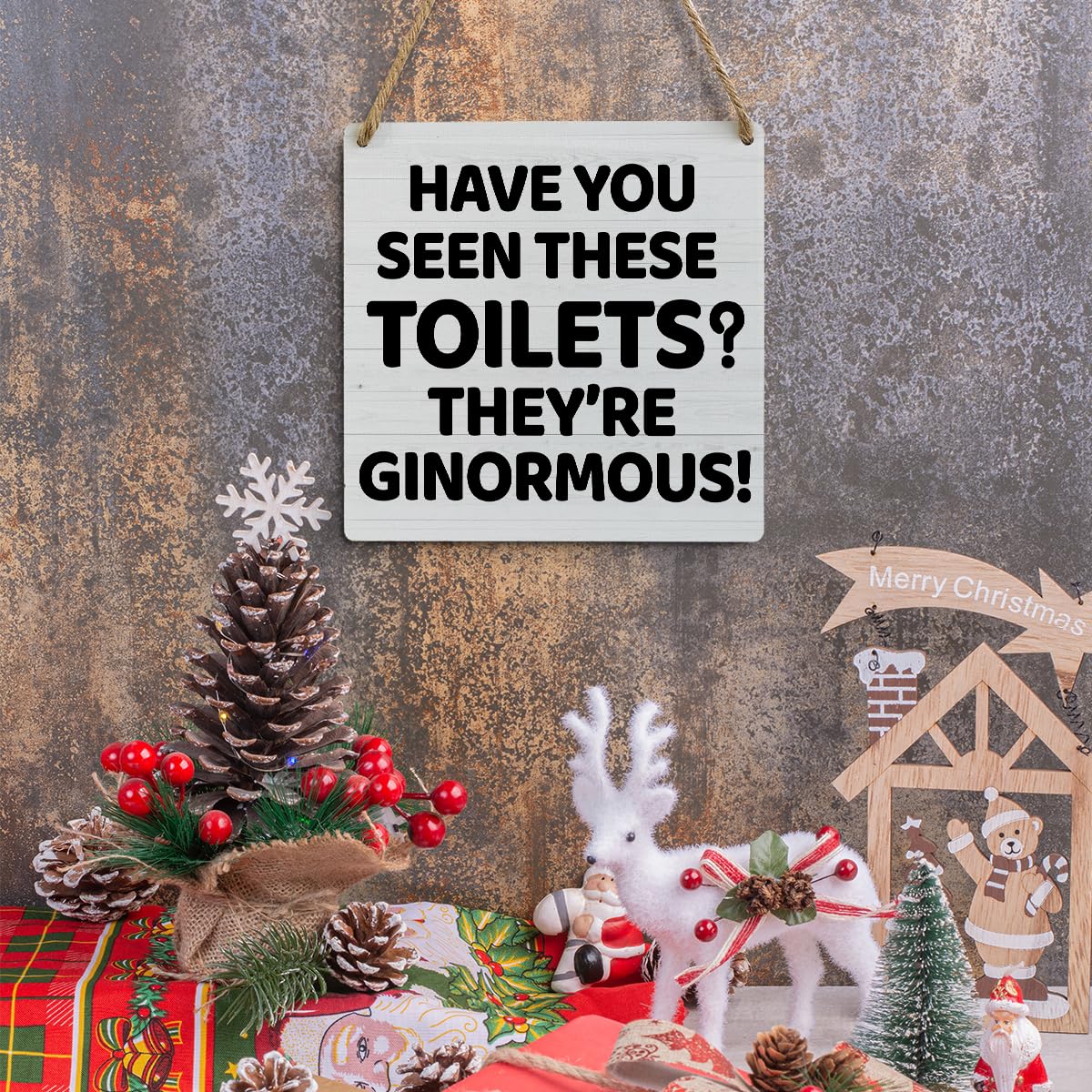 4 Pcs Christmas Bathroom Wall Decor Winter Wooden Rustic